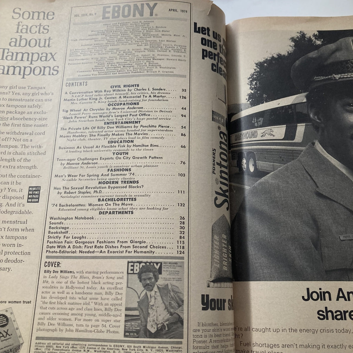 Interior page of the April 1974 Ebony Magazine displaying the table of contents, featuring articles related to civil rights, entertainment, and fashion.