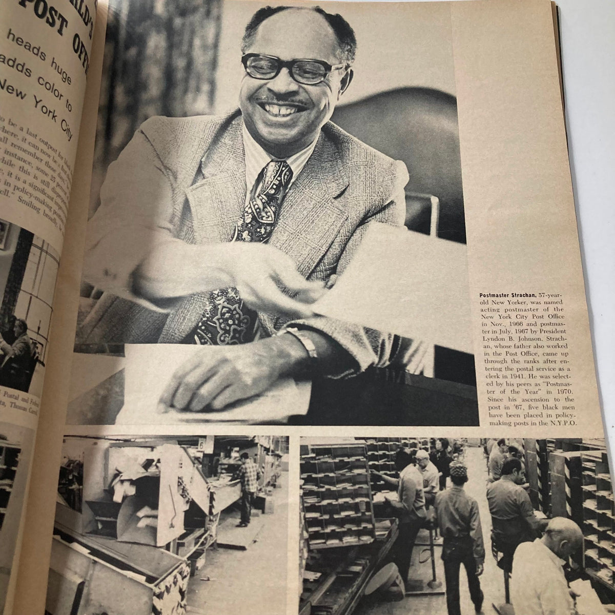 Interior page of the April 1974 Ebony Magazine featuring a smiling man in glasses and a tie, noted as Postmaster Strachan, discussing his role in the New York City Post Office.