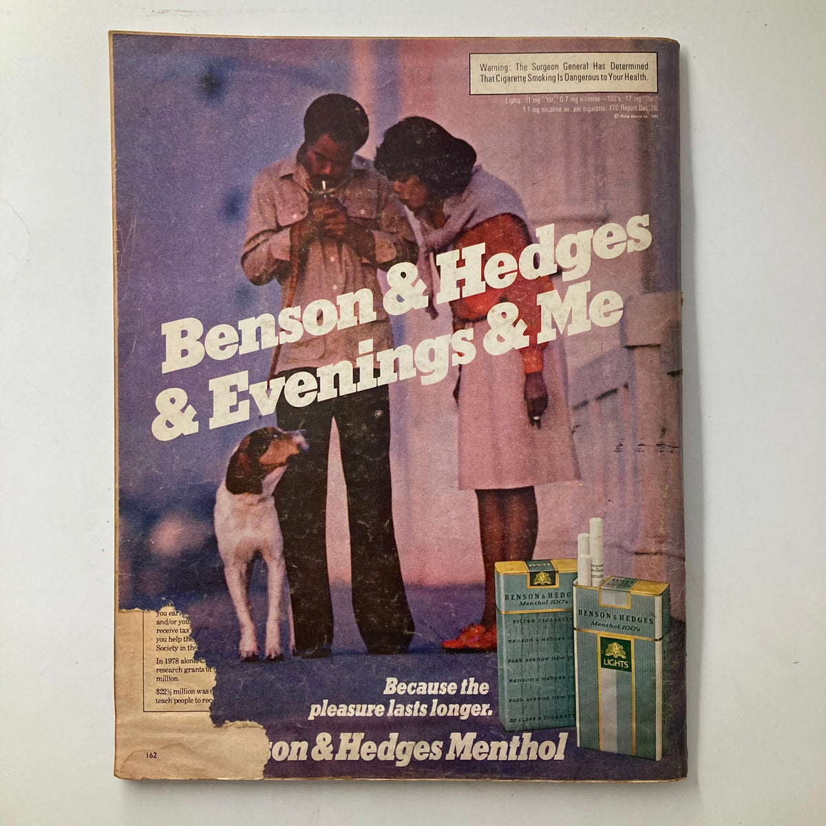 Vintage advertisement for Benson & Hedges cigarettes featuring a couple with a dog, promoting the brand with the slogan 'Because the pleasure lasts longer'. This image appears in the VTG Ebony Magazine June 1981 titled 'Has Success Spoiled Jesse Jackson GD Interior'.