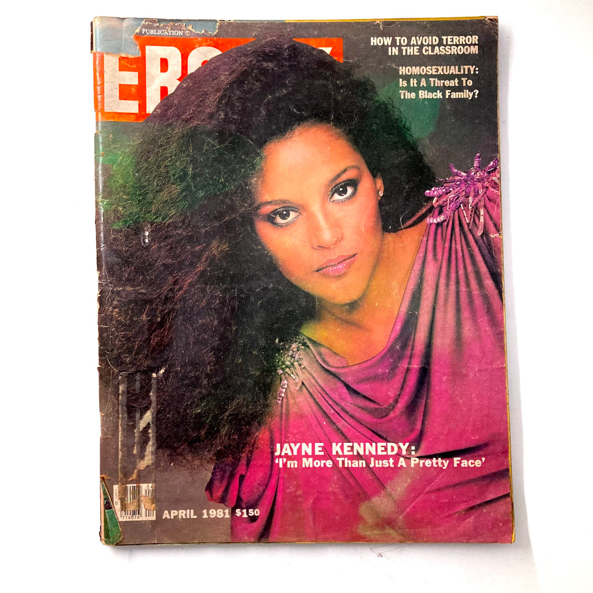 Cover of Ebony Magazine from April 1981 featuring Jayne Kennedy, highlighting the feature article 'I'm More Than Just A Pretty Face'. The magazine showcases vintage design elements and condition wear typical of its age.