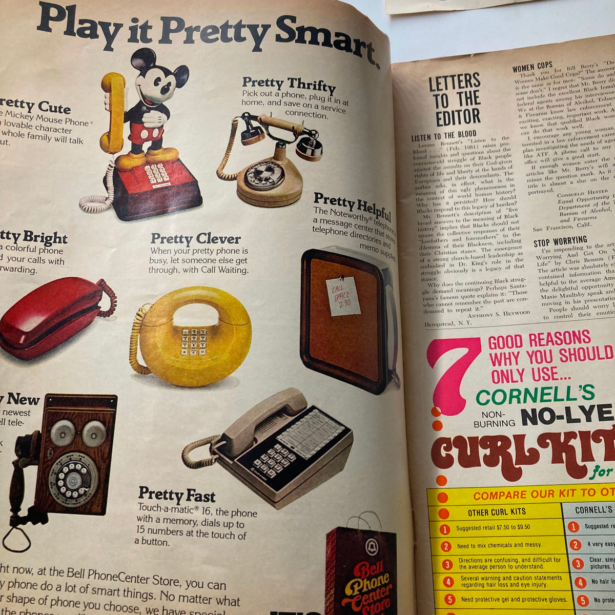 Interior page of Ebony Magazine April 1981 titled 'Play it Pretty Smart' featuring vintage phones and telephone service tips, blending technology with charming graphics.