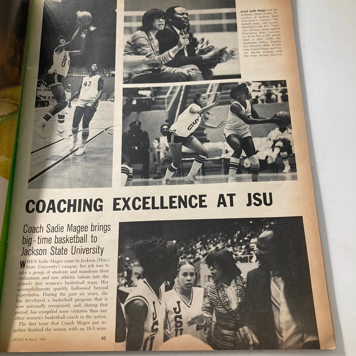Sports feature in Ebony Magazine April 1981 titled 'Coaching Excellence at JSU', highlighting basketball coach Sadie Magee with images capturing the dynamic gameplay and coaching moments.