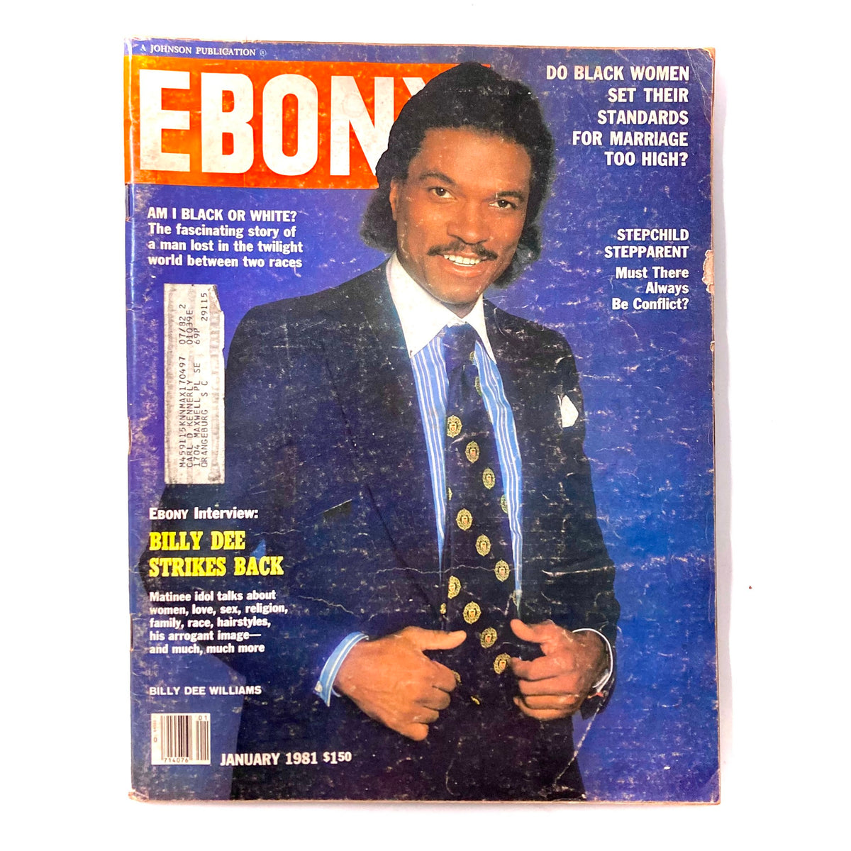 Cover of VTG Ebony Magazine January 1981 featuring Billy Dee Williams with the title 'Billy Dee Strikes Back', showcasing a portrait of Williams in formal attire and discussing themes of race and relationships.