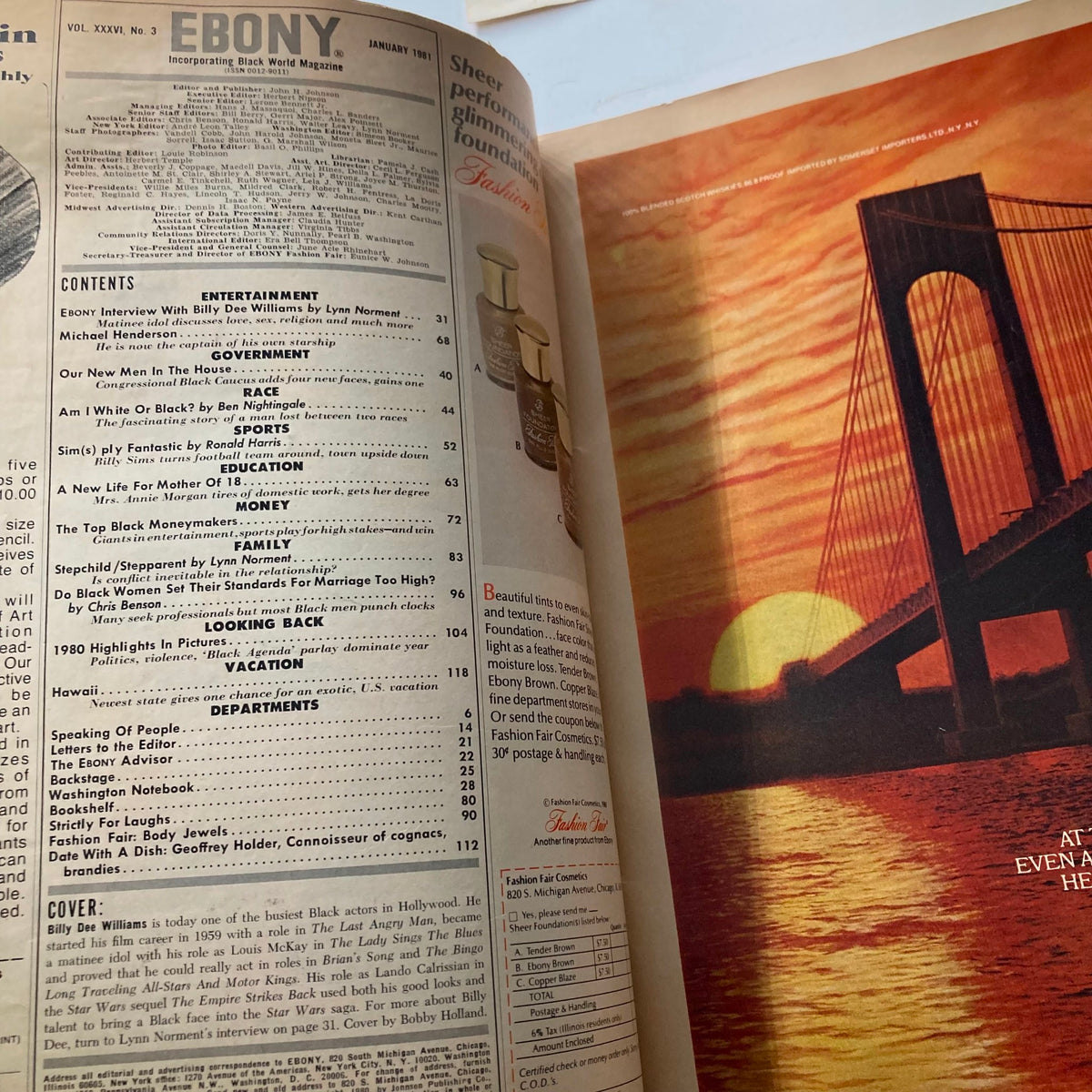 Interior page of VTG Ebony Magazine January 1981 displaying the contents page with various article titles including an interview with Billy Dee Williams, set against a backdrop of a sunset over a bridge.