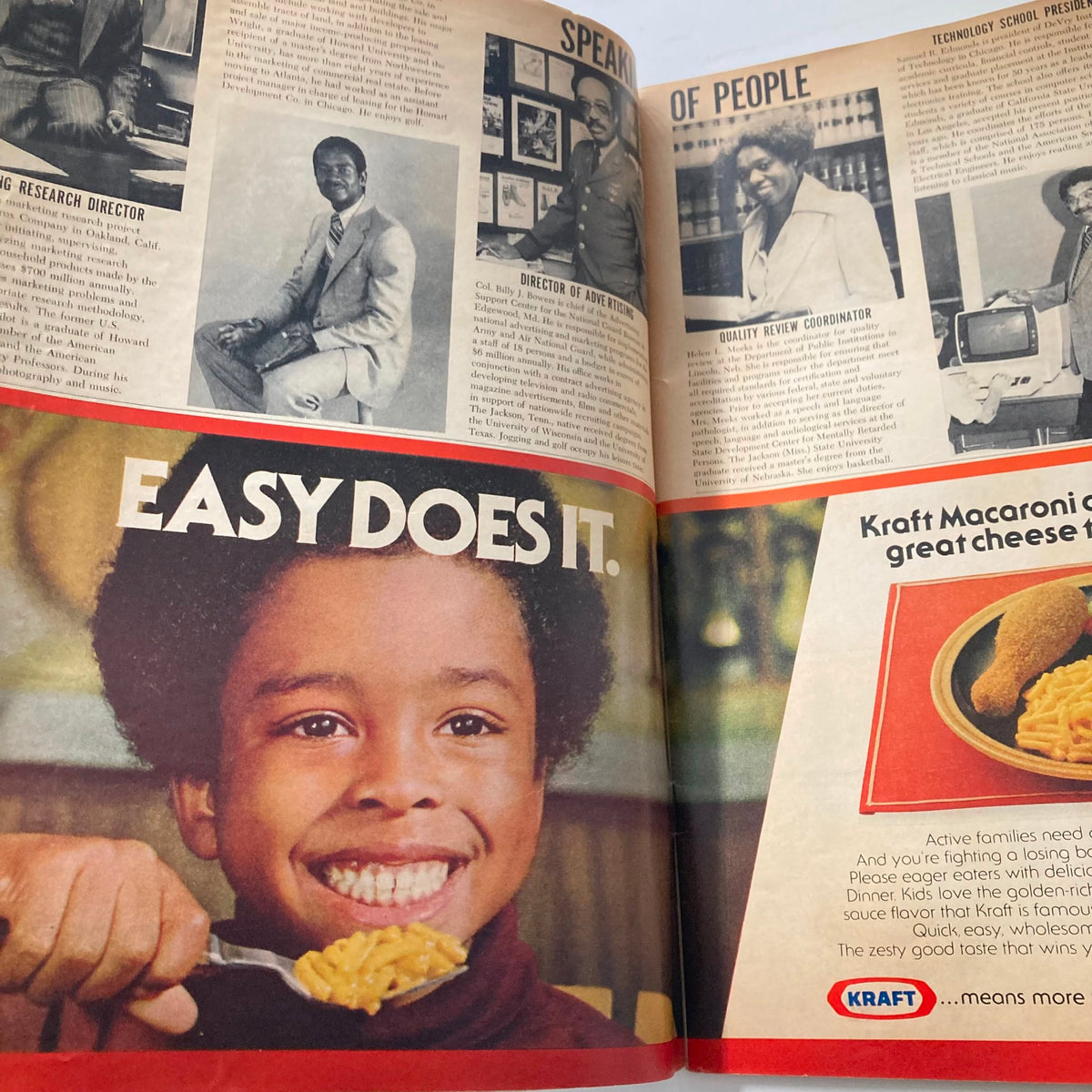 Interior page of VTG Ebony Magazine January 1981 featuring a joyful young boy enjoying Kraft macaroni with the text "EASY DOES IT" visible. This reflective article emphasizes family-friendly meals and products.