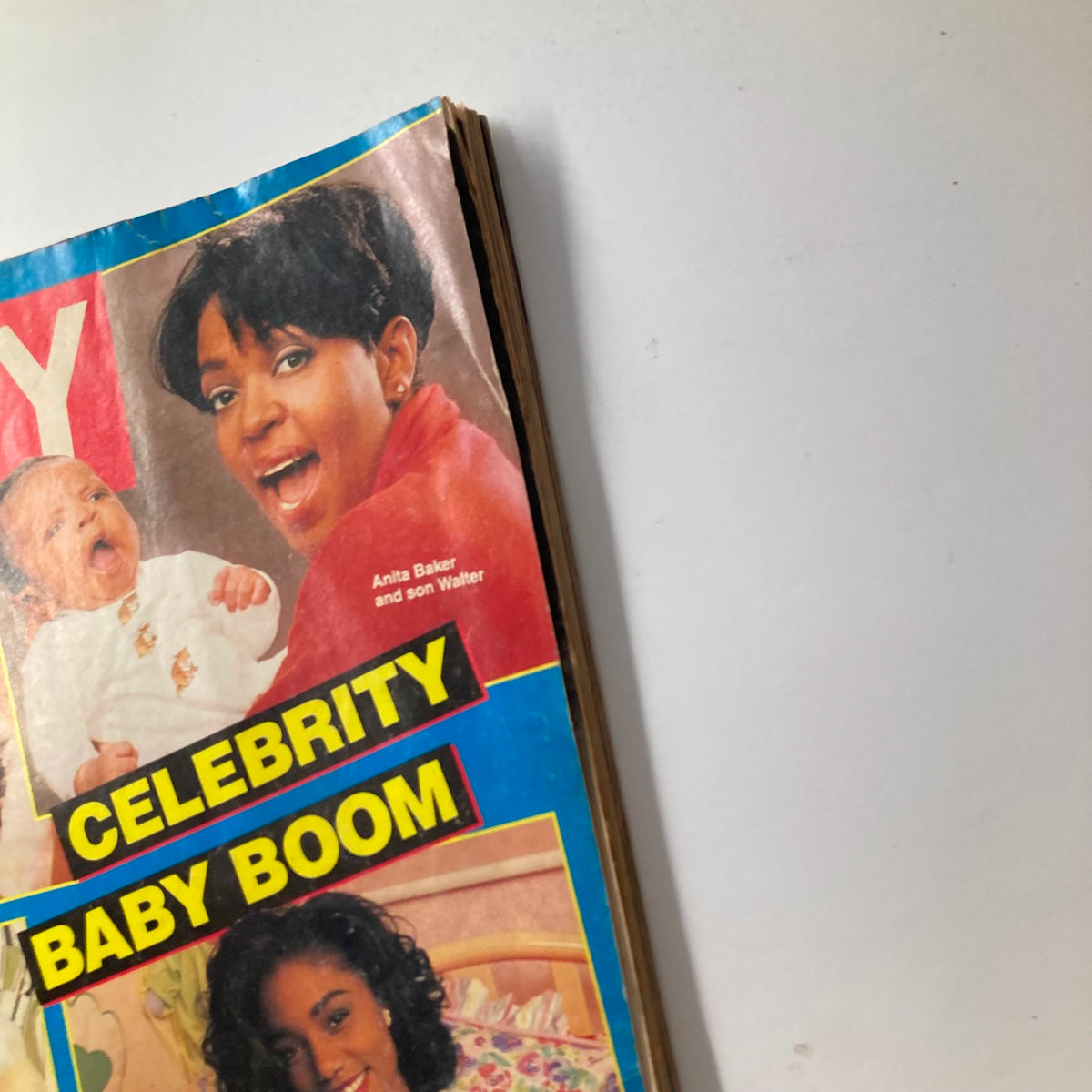 Close-up of Ebony Magazine June 1993 cover showcasing Anita Baker and her son Walter alongside the text 'Celebrity Baby Boom'.