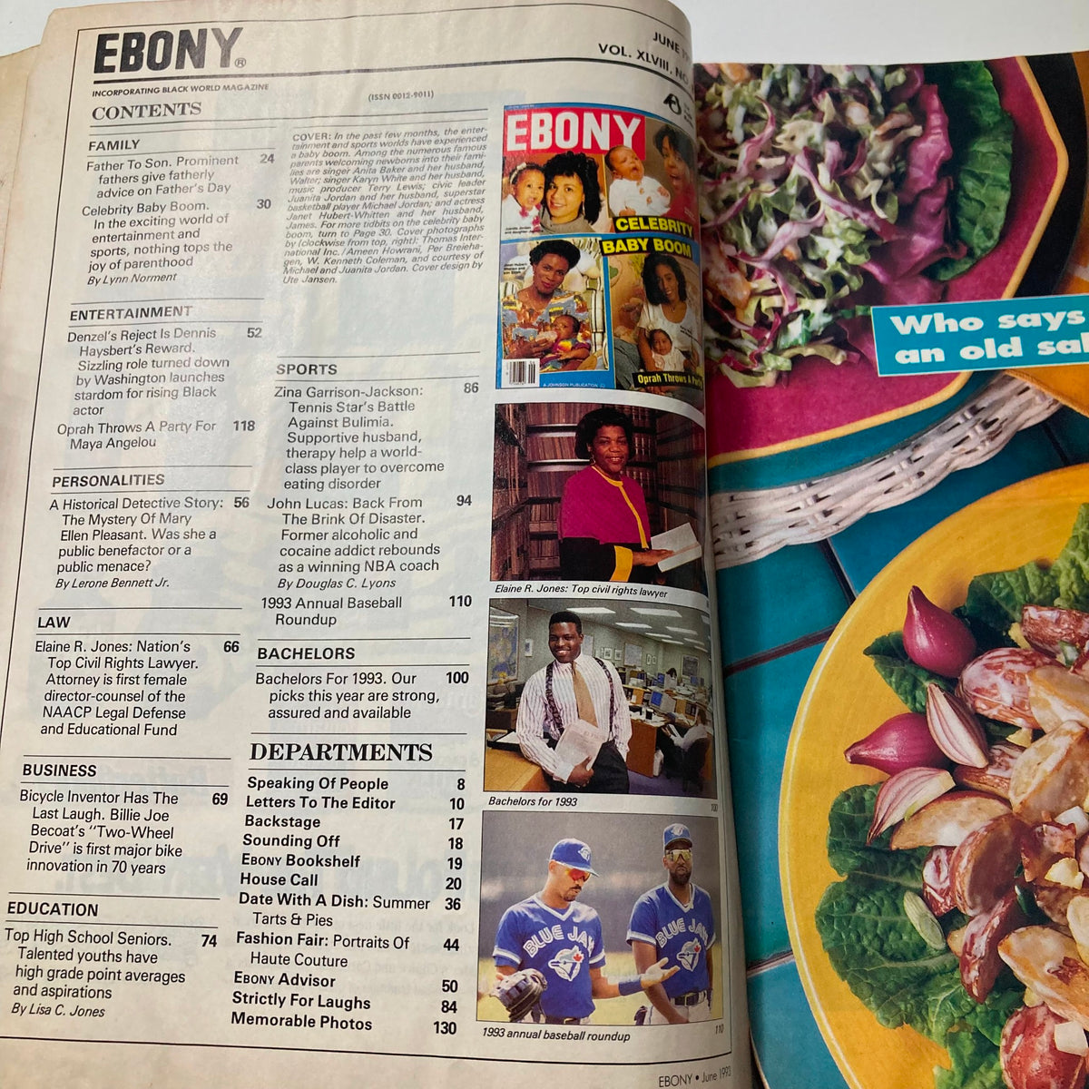 Ebony Magazine June 1993 featuring articles on Anita Baker, Juanita Jordan, Karyn White, and Janet Whitten, showcasing the contents page with highlights on family, entertainment, sports, and personalities.