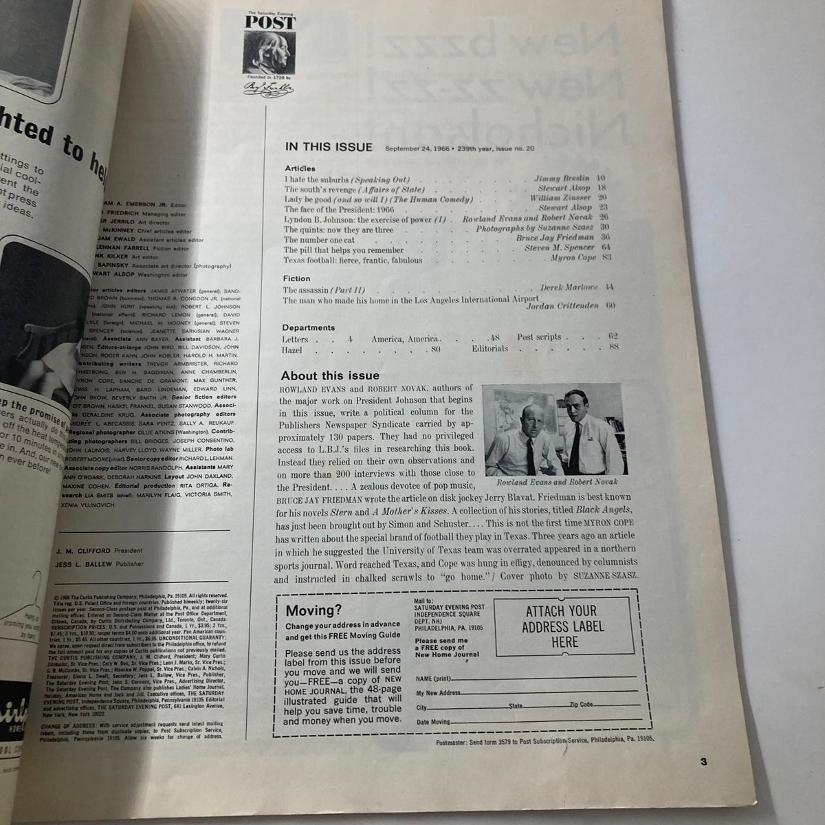 Inside page of the Saturday Evening Post Magazine, September 24, 1966, showcasing the table of contents and articles including 'Lyndon B. Johnson' and 'The Assassin'.