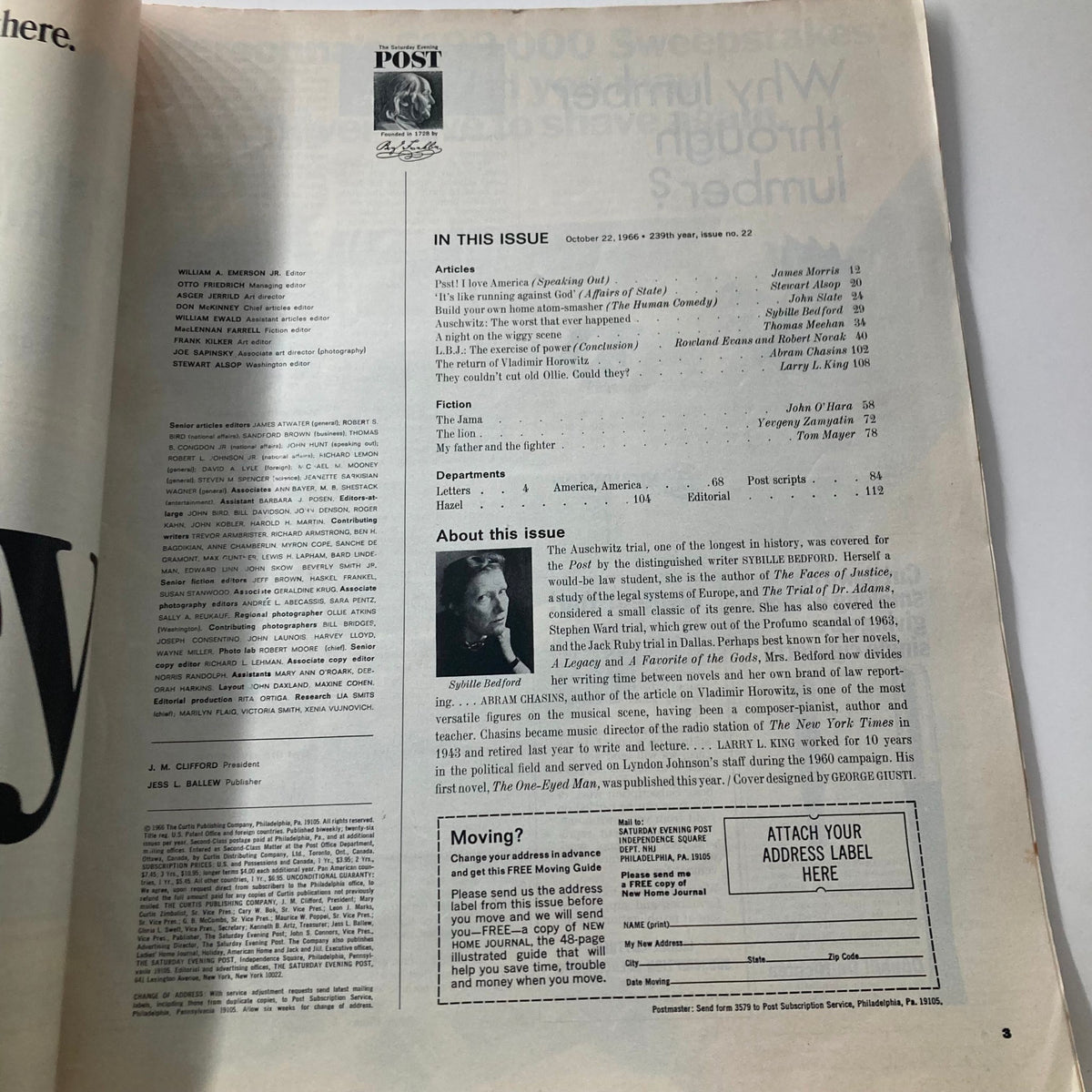 Inside page of the Saturday Evening Post Magazine October 22, 1966 showcasing the articles and details about the Auschwitz Concentration Camp feature.