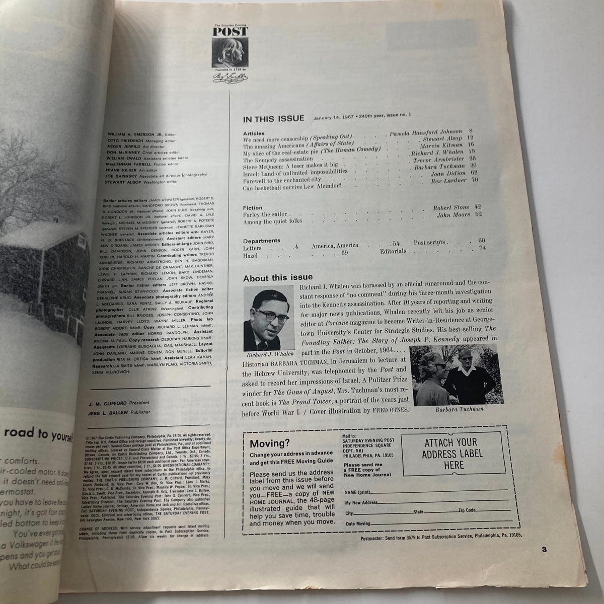 Interior page from Saturday Evening Post Magazine January 14, 1967, showcasing the table of contents and editorial notes, highlighting the magazine's historical context.