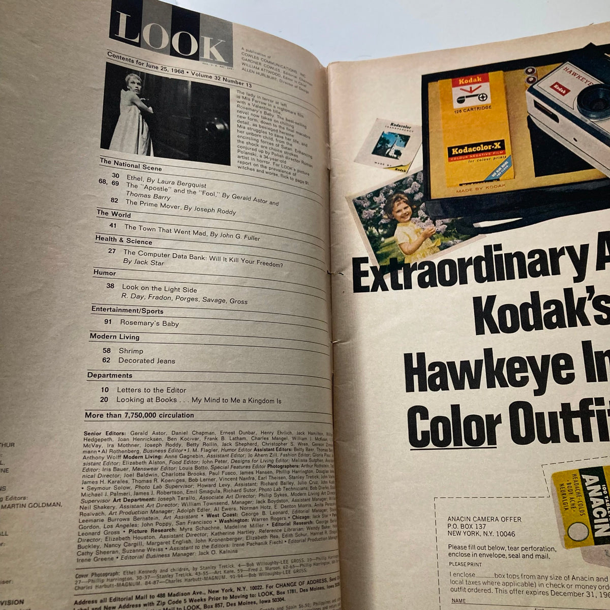 Inside page of Look Magazine June 25, 1968 displaying the contents section that lists articles, including Ethel Kennedy.