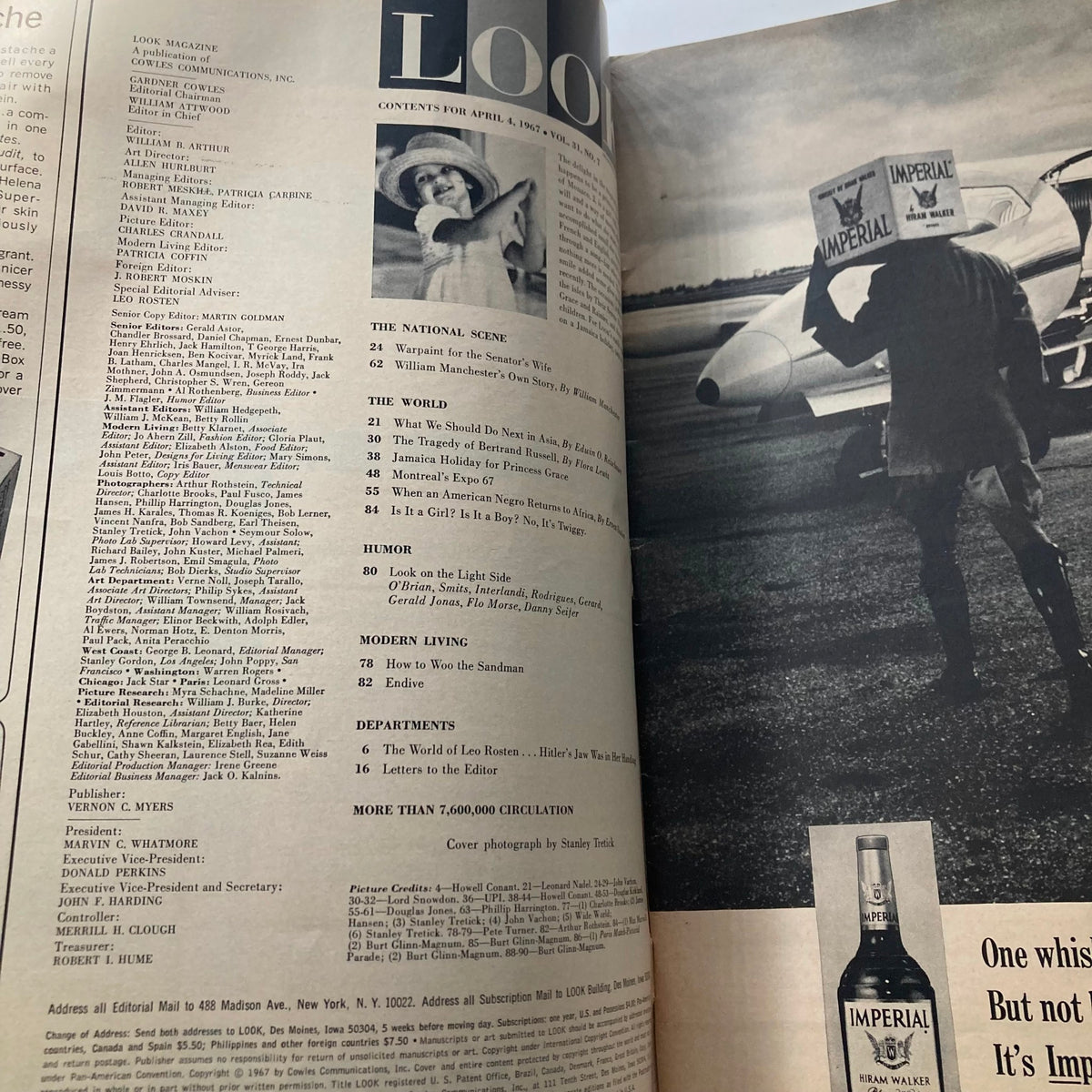 Inside page of VTG Look Magazine April 4 1967 showcasing contents featuring articles and photographs including the iconic photograph of Jacqueline Kennedy by Stanley Tretick.