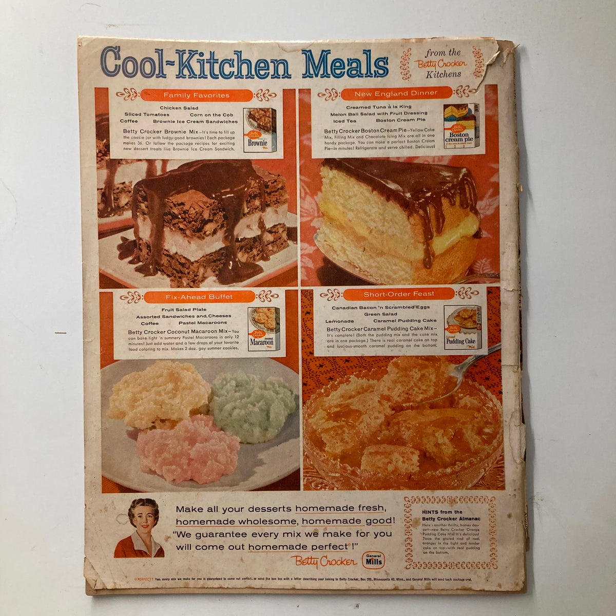 Back cover of VTG The American Home Magazine August 1959 showcasing delicious dessert recipes from Betty Crocker, emphasizing vintage cooking styles and meal planning.