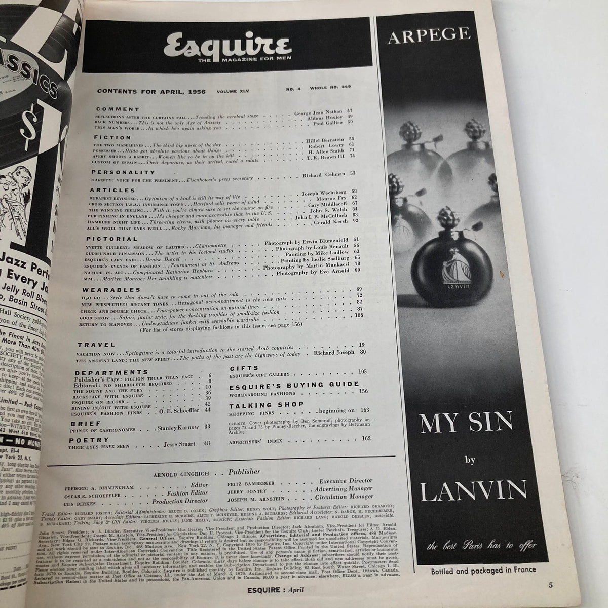 Inside page of VTG Esquire Magazine April 1956 showing the contents list with various featured articles and advertisements in a classic magazine layout.