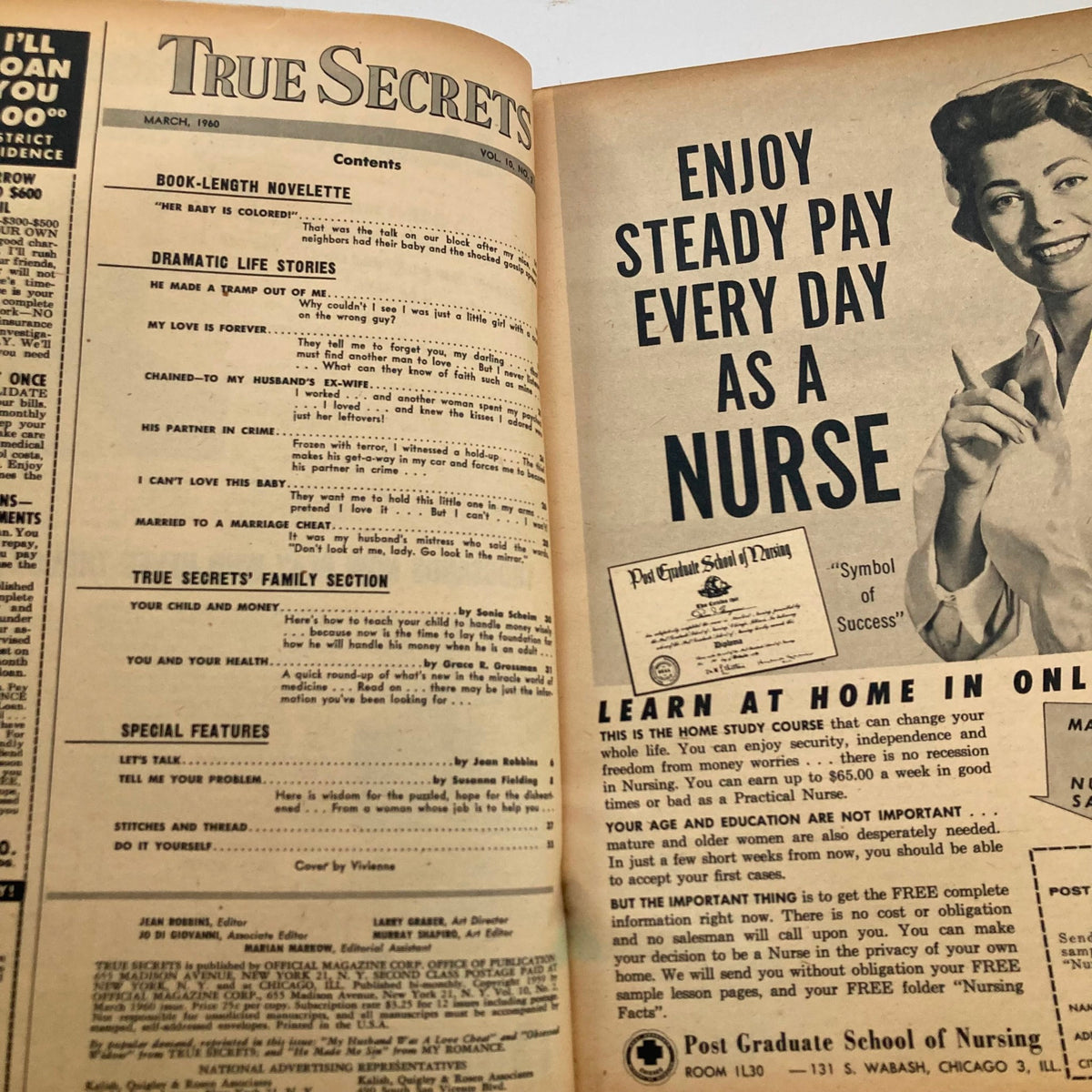 Interior page of VTG True Secrets Magazine March 1960 showcasing the table of contents with various story titles including 'He Made A Tramp Out of Me' and advertisements.