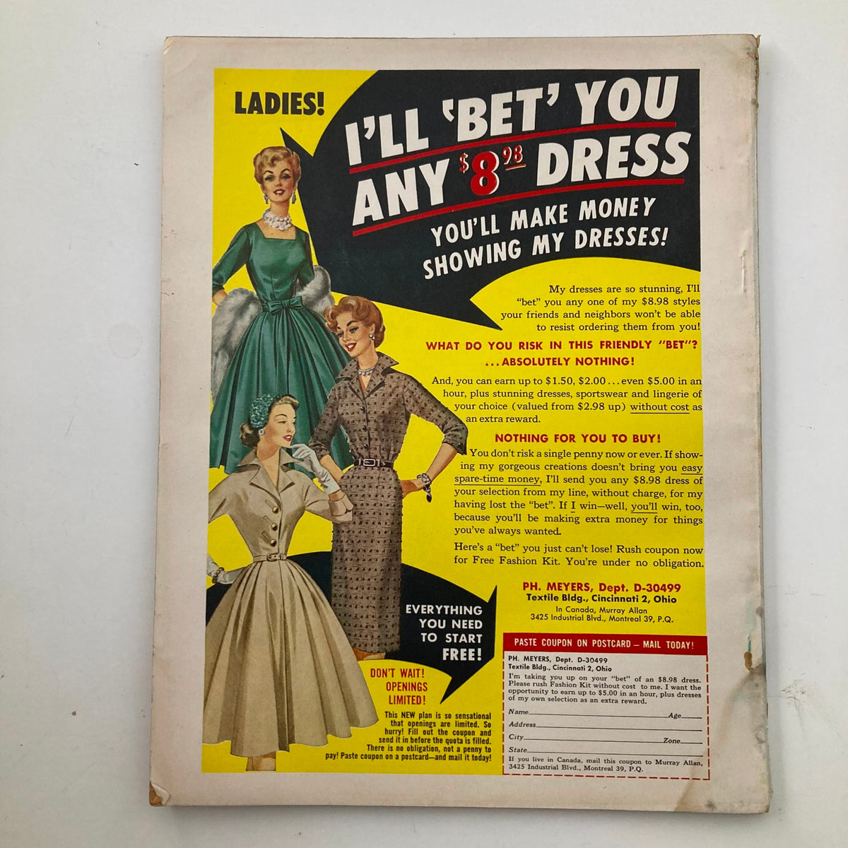 Back cover of the VTG True Secrets Magazine March 1960 featuring an advertisement for dresses with the text 'I’ll Bet You Any $8.93 Dress!' featuring vintage illustrations of women in fashionable dresses.