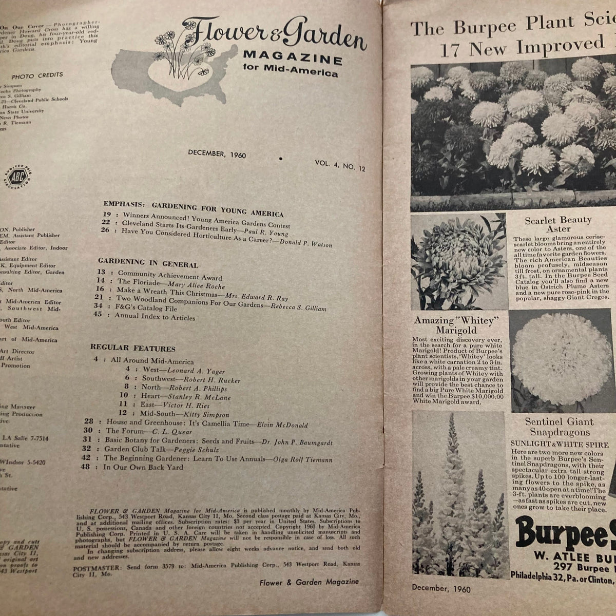 Interior page of Flower & Garden Magazine for Mid-America December 1960 displaying the magazine's content list, highlighting gardening topics and features.