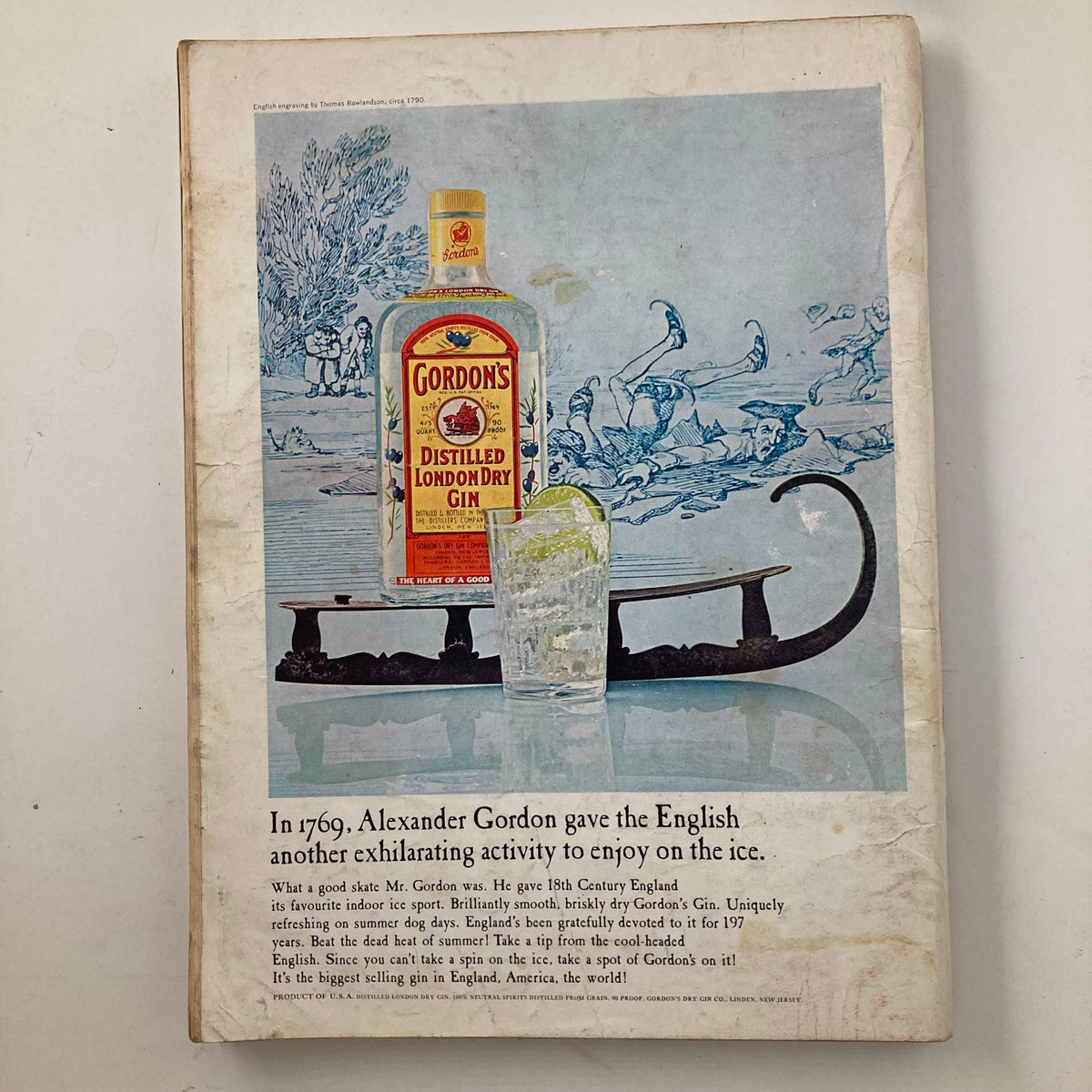 Back cover of the VTG Playboy Magazine July 1966 displaying an advertisement for Gordon's Dry Gin with vintage artwork and a cocktail glass.