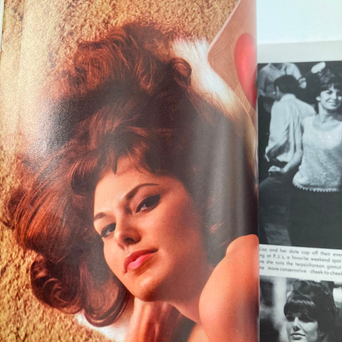 Inside the VTG Playboy Magazine November 1966, highlighting a glamorous red-haired model with dramatic makeup, laying on a textured surface.