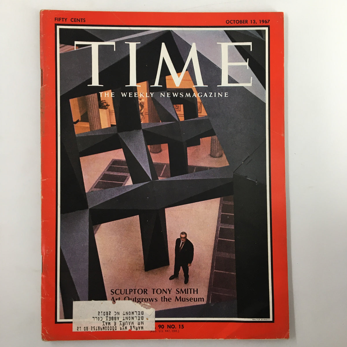 Cover of Time Magazine from October 13, 1967 featuring the title 'Sculptor Tony Smith: Art Outgrows the Museum'. The image showcases a minimalist sculpture with Tony Smith standing in a modern architectural space, reflecting the art movements of the 1960s.