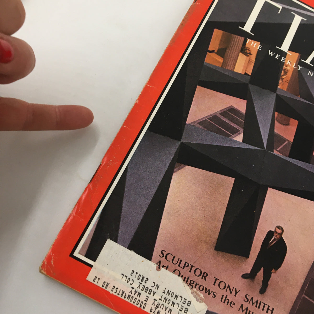 Vintage Time Magazine cover from October 13, 1967, featuring sculptor Tony Smith with the title 'Art Outgrows the Museum.' The magazine displays signs of wear including a label on the front and a worn spine, indicative of its age, making it a notable collectible for art enthusiasts.