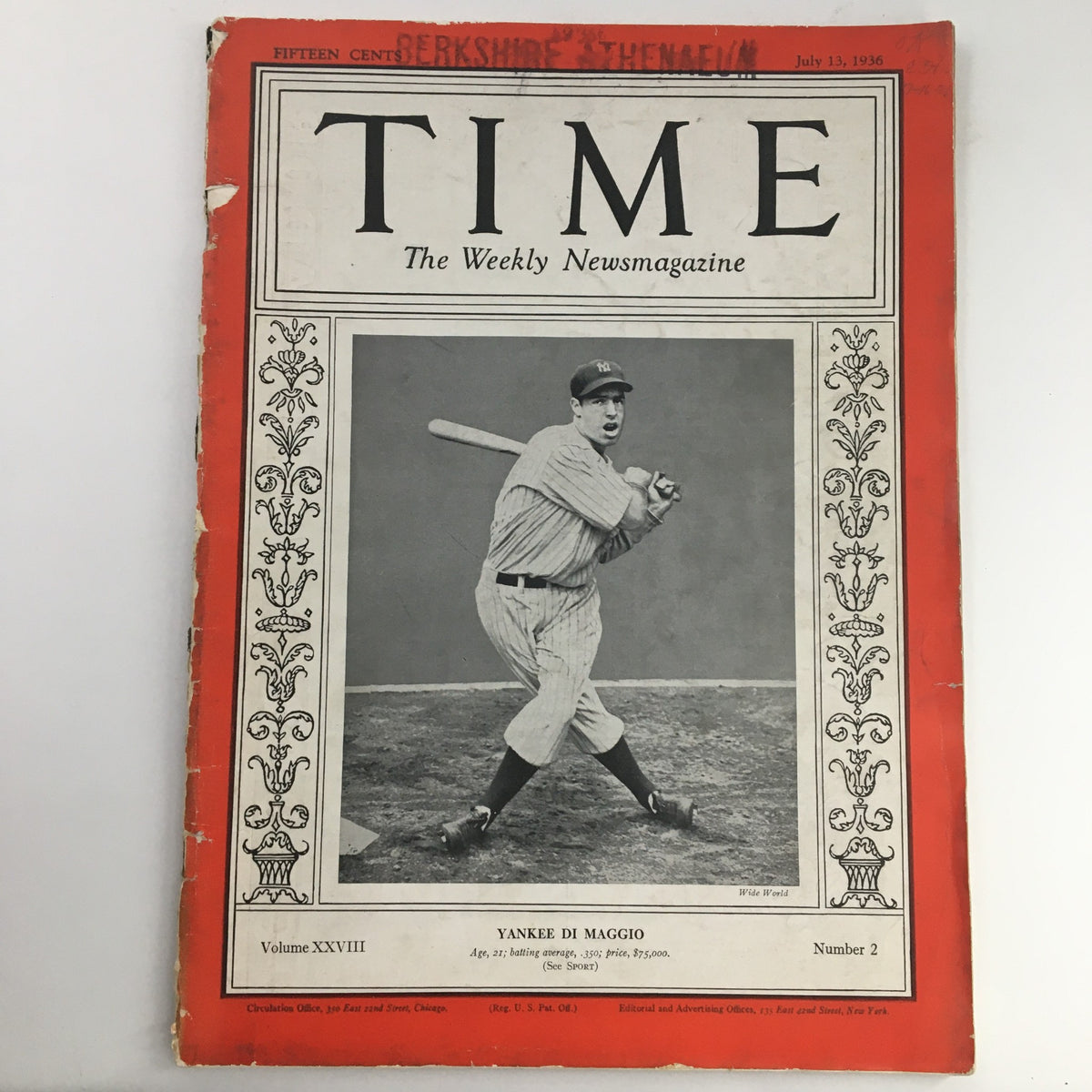 Time Magazine July 13 1936 Vol 28 #2 The Yankee Clipper Joe DiMaggio
