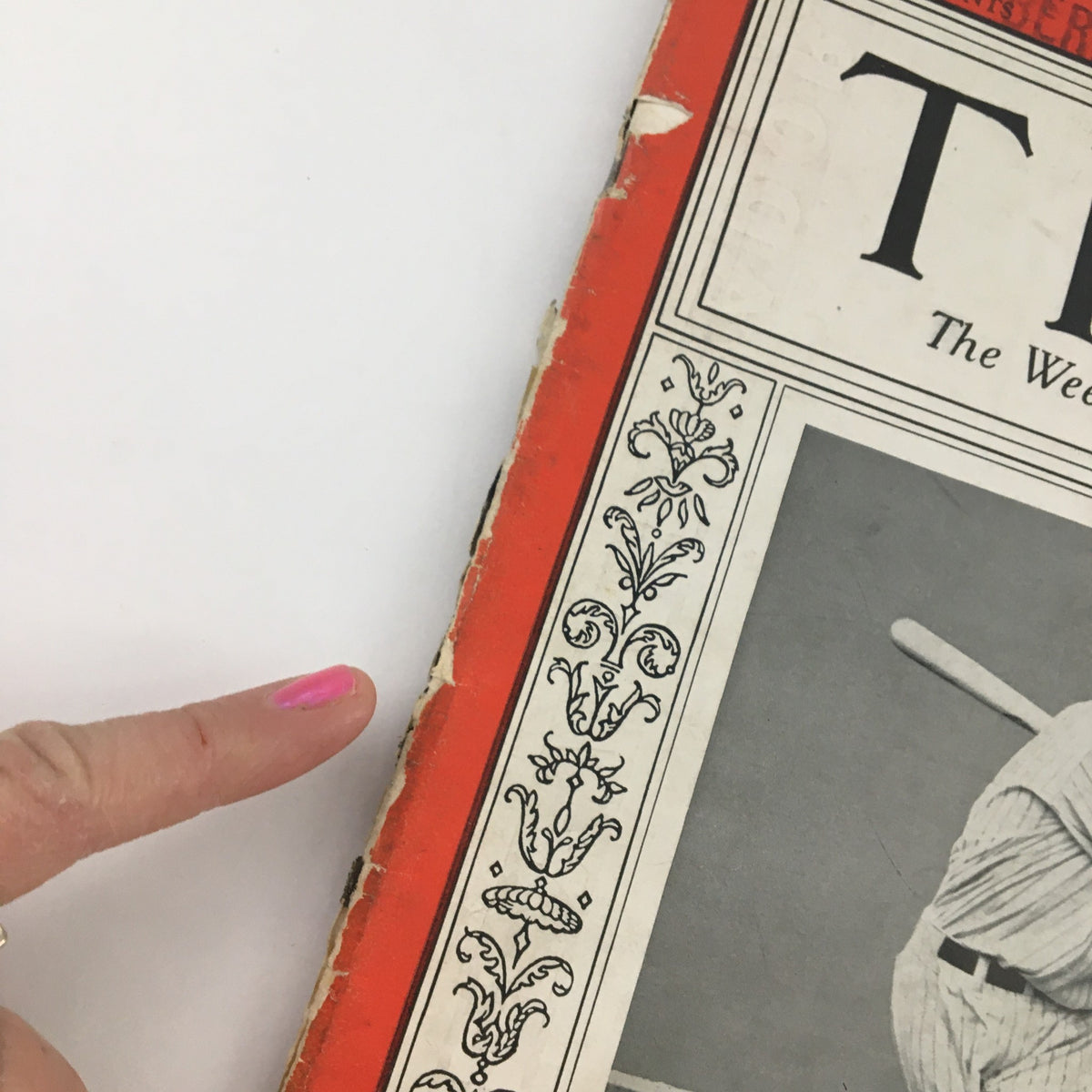 Side view of the Time Magazine July 13 1936 Vol 28 #2 showing wear and details, featuringJoe DiMaggio on the cover.