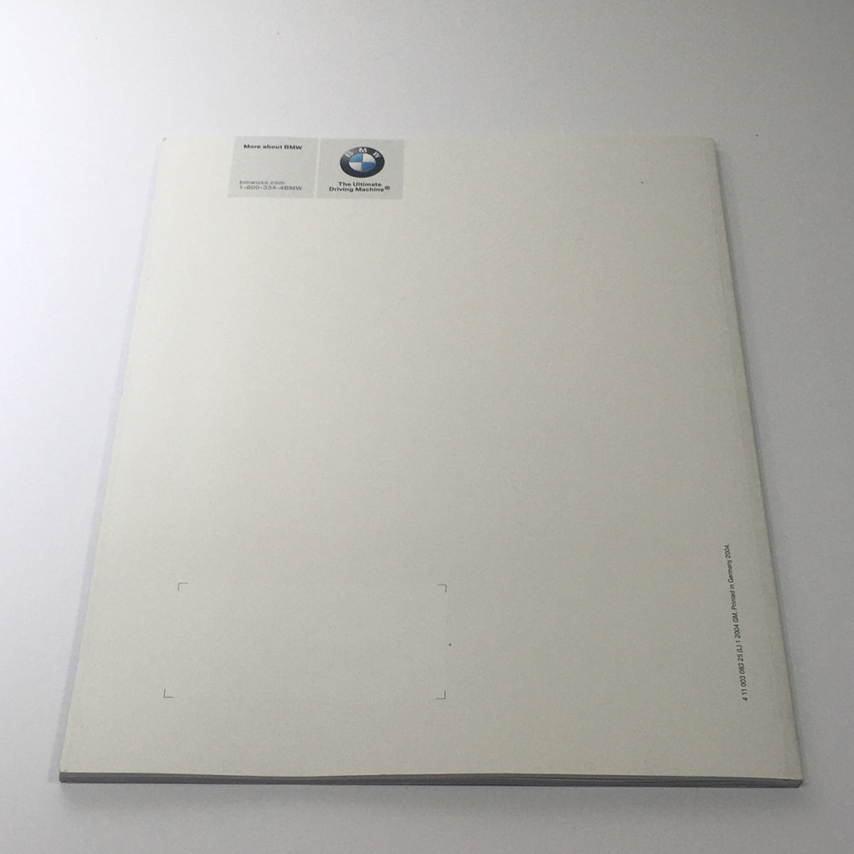 Back cover of the 2004 BMW Z4 Roadster 2.5i 3.0i Dealership Car Auto Brochure Catalog, featuring the BMW logo and the title on a clean white background.