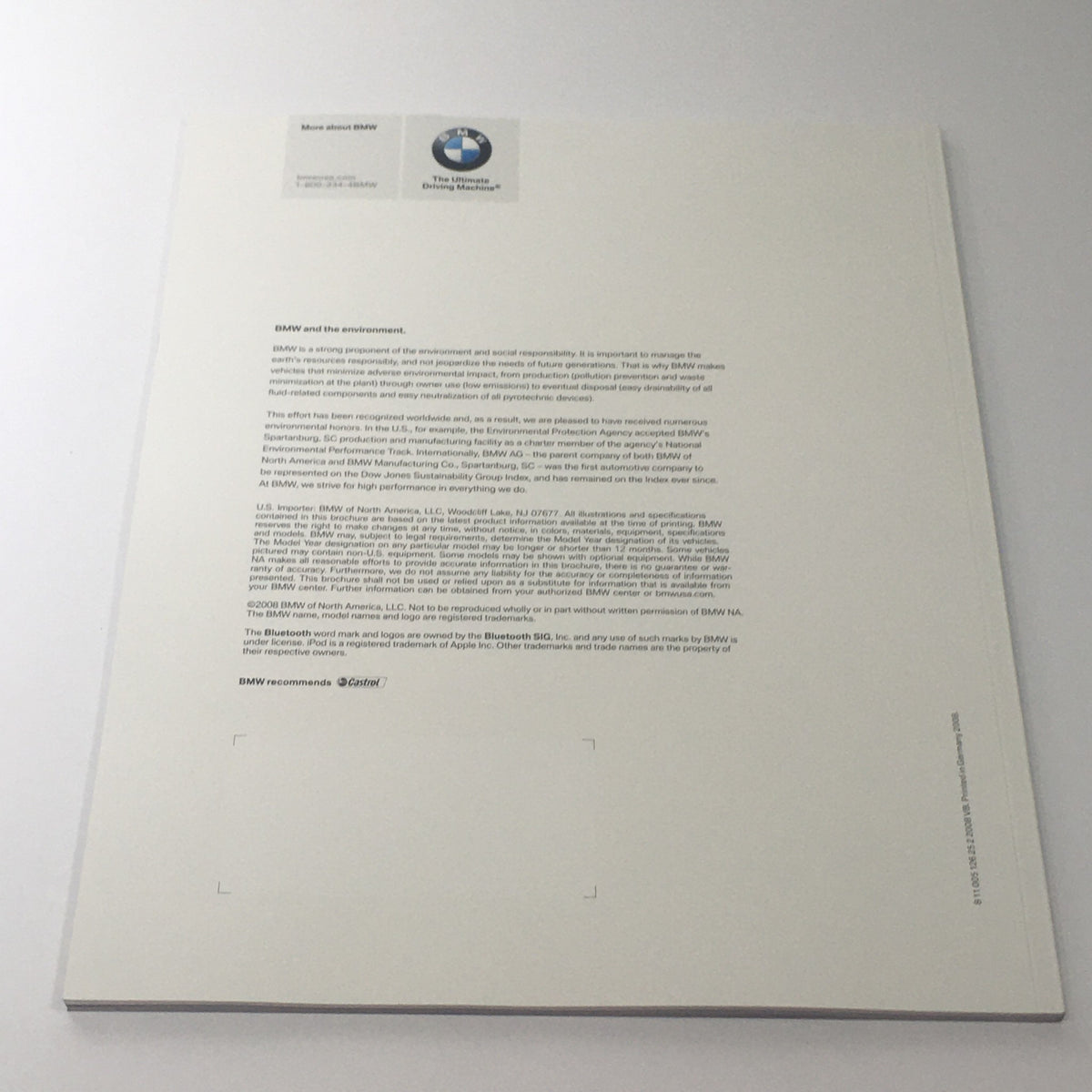 Back cover of the 2009 BMW 5 Series Sedan 528i 535i 550i Dealership Car Auto Brochure Catalog, featuring BMW logo and environmental information.