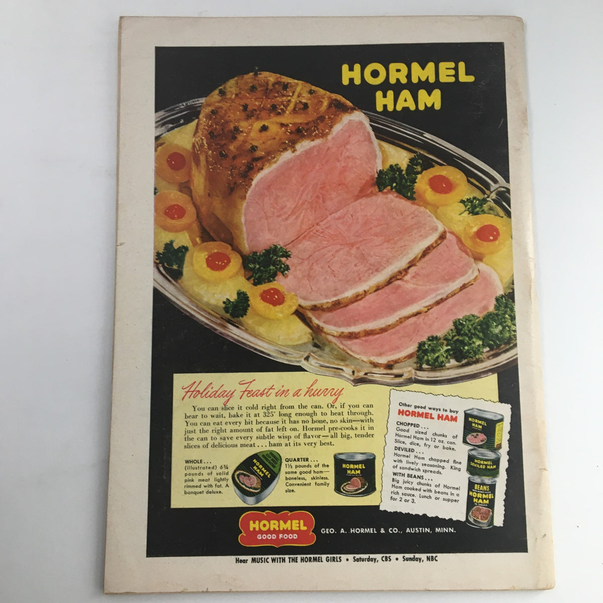 Back cover of Time Magazine December 11, 1950 Vol 56 #24 showcasing an advertisement for Hormel Ham. The ad features sliced ham alongside garnishes, promoting the product for holiday meals.