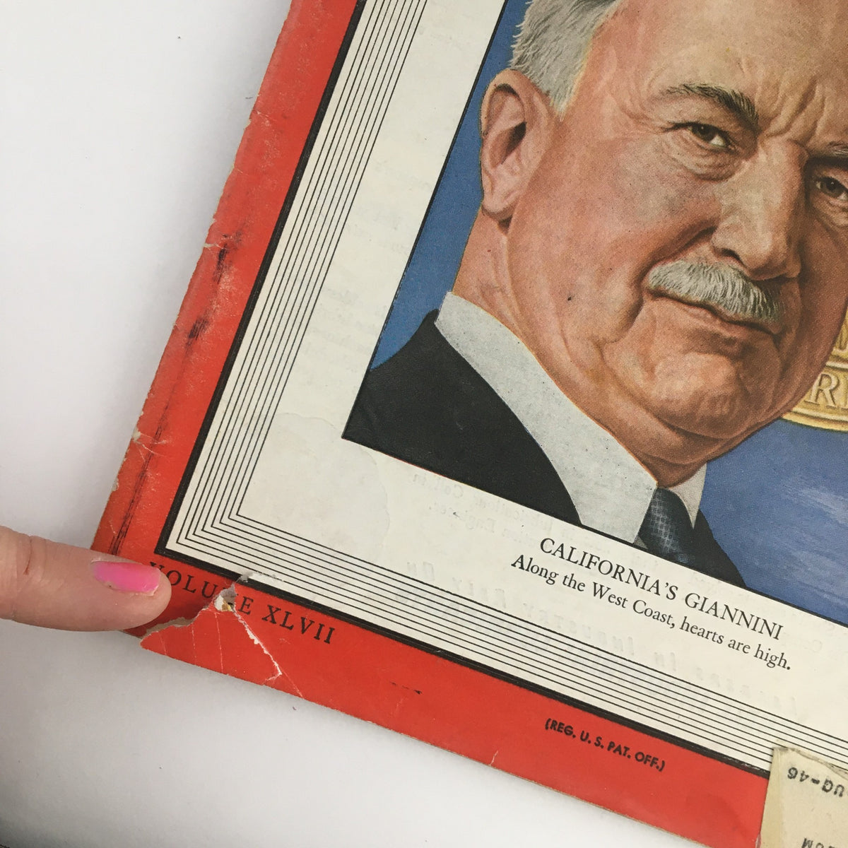 Close-up of the Time Magazine cover from April 15, 1946, highlighting California's Italian-American banker Amadeo Giannini, showing the title and details.
