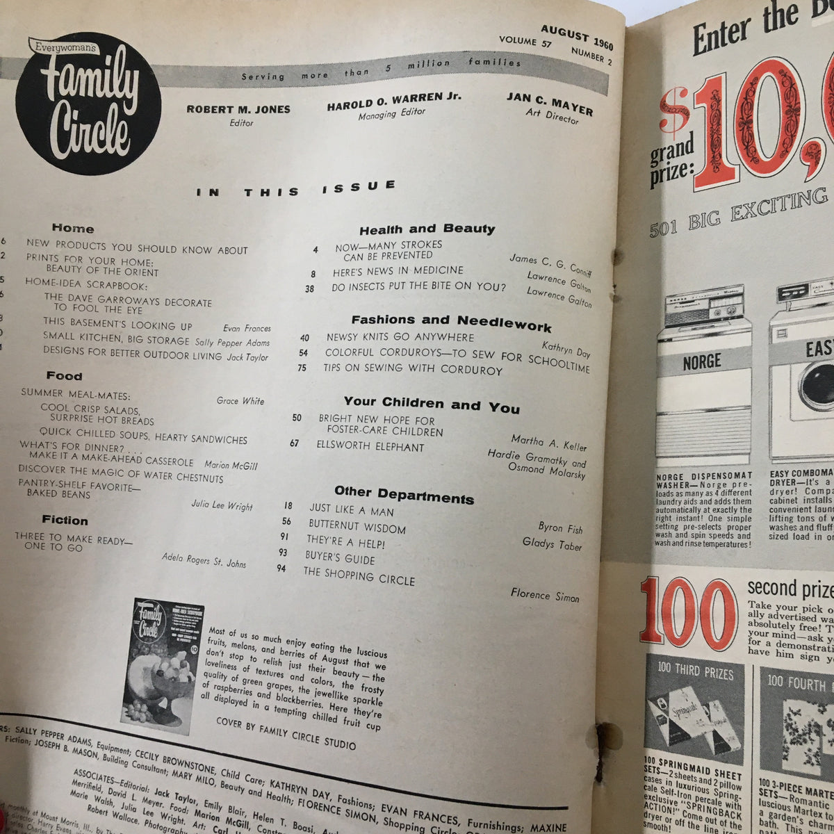 Interior page of VTG Family Circle August 1960 showcasing the table of contents, including health articles on stroke prevention.