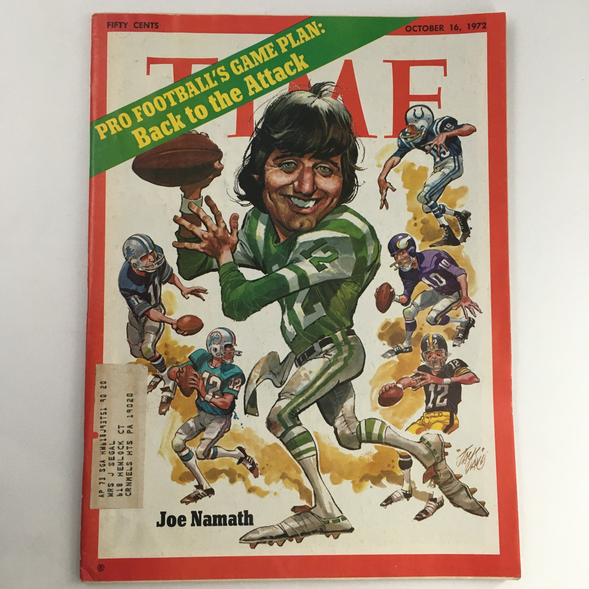 Cover of Time Magazine dated October 16, 1972, featuring Pro Football's Game Plan with caricature of Joe Namath and illustrations of football players in action.