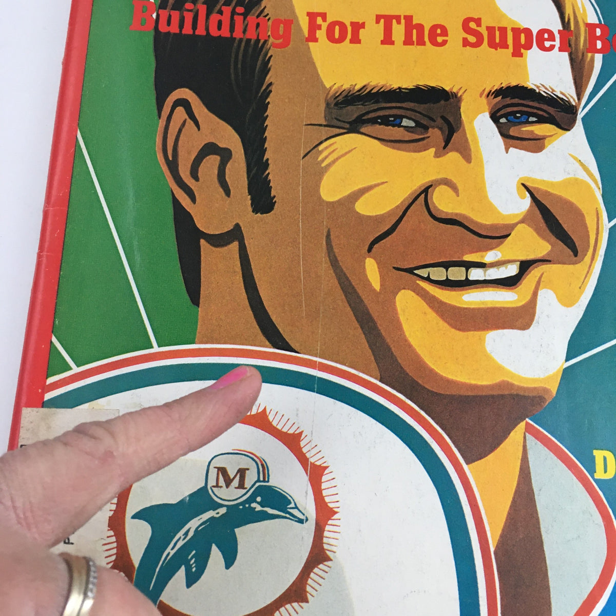 Detail of the Time Magazine cover from December 11, 1972, focused on Miami Coach Don Shula with a Miami Dolphins logo and the phrase 'Building For The Super Bowl'.