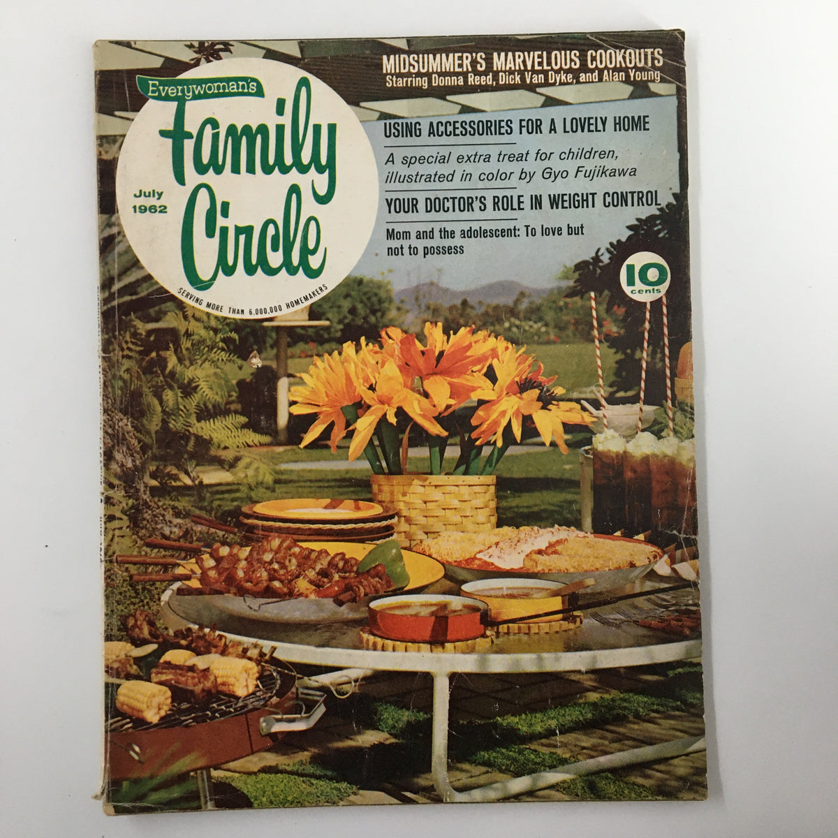 VTG Family Circle Magazine July 1962 cover featuring summer dining scene with flowers, grilled dishes, and ice-cream smoothies, showcasing vintage design and nostalgia.