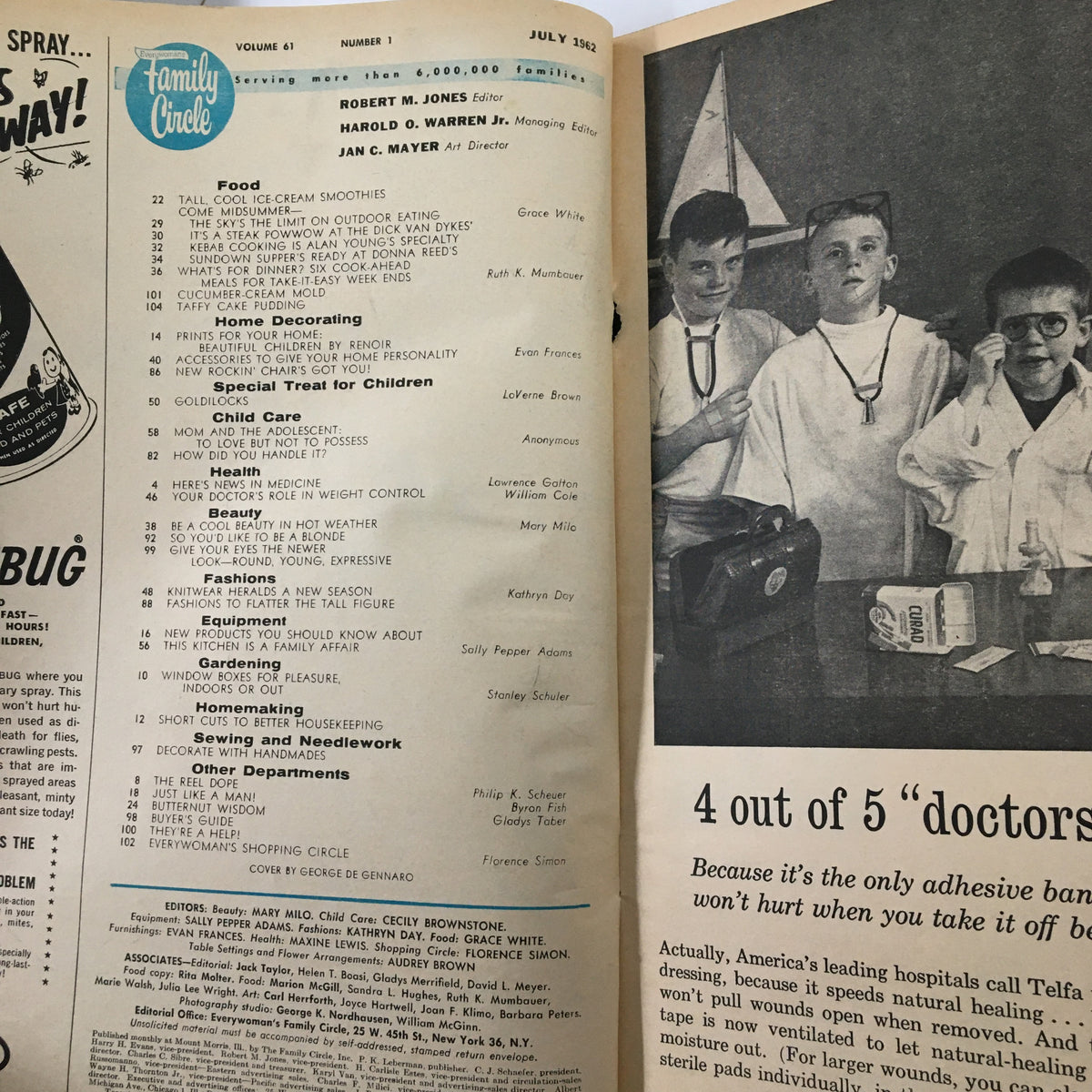 Inside page of VTG Family Circle Magazine July 1962 displaying the table of contents, highlighting articles and recipes including tall, cool ice-cream smoothies.