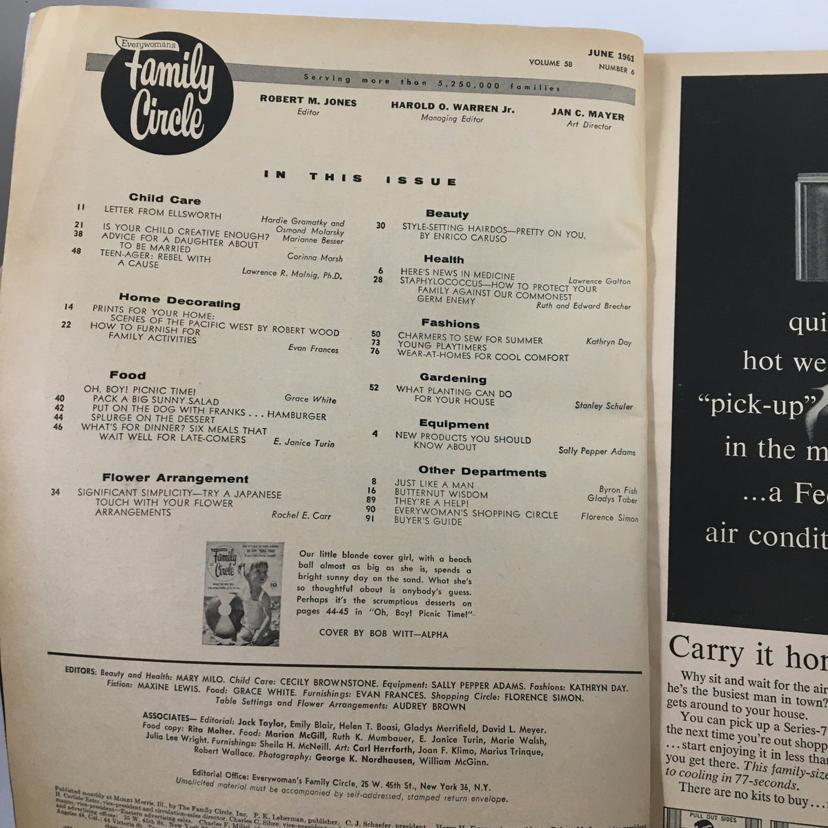 Interior page of VTG Family Circle Magazine June 1961 displaying the contents section, showcasing articles on child care, home decorating, and food.