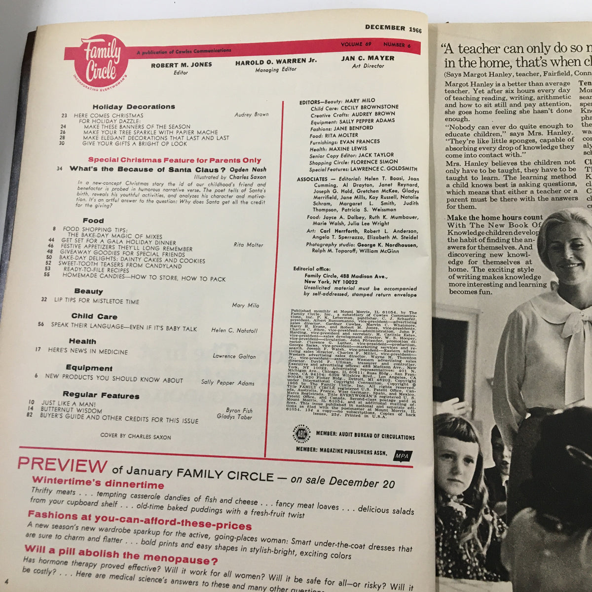 Inside page of December 1966 Family Circle Magazine, showcasing the table of contents, with articles on holiday decorations, food, and a special Christmas feature 'What's Because of Santa Claus?'