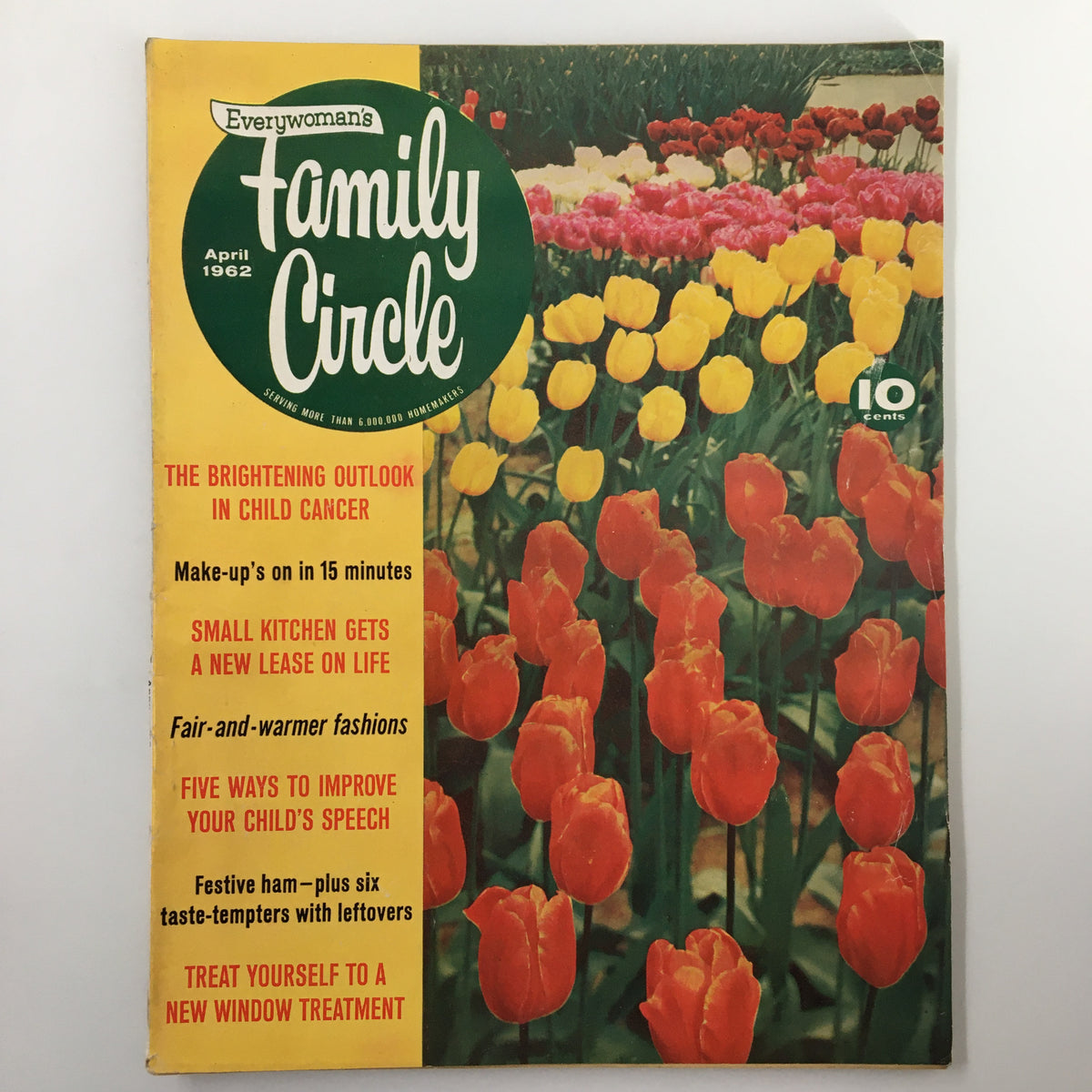 Vintage Family Circle Magazine April 1962 cover featuring vibrant tulips, showcasing the essence of spring.