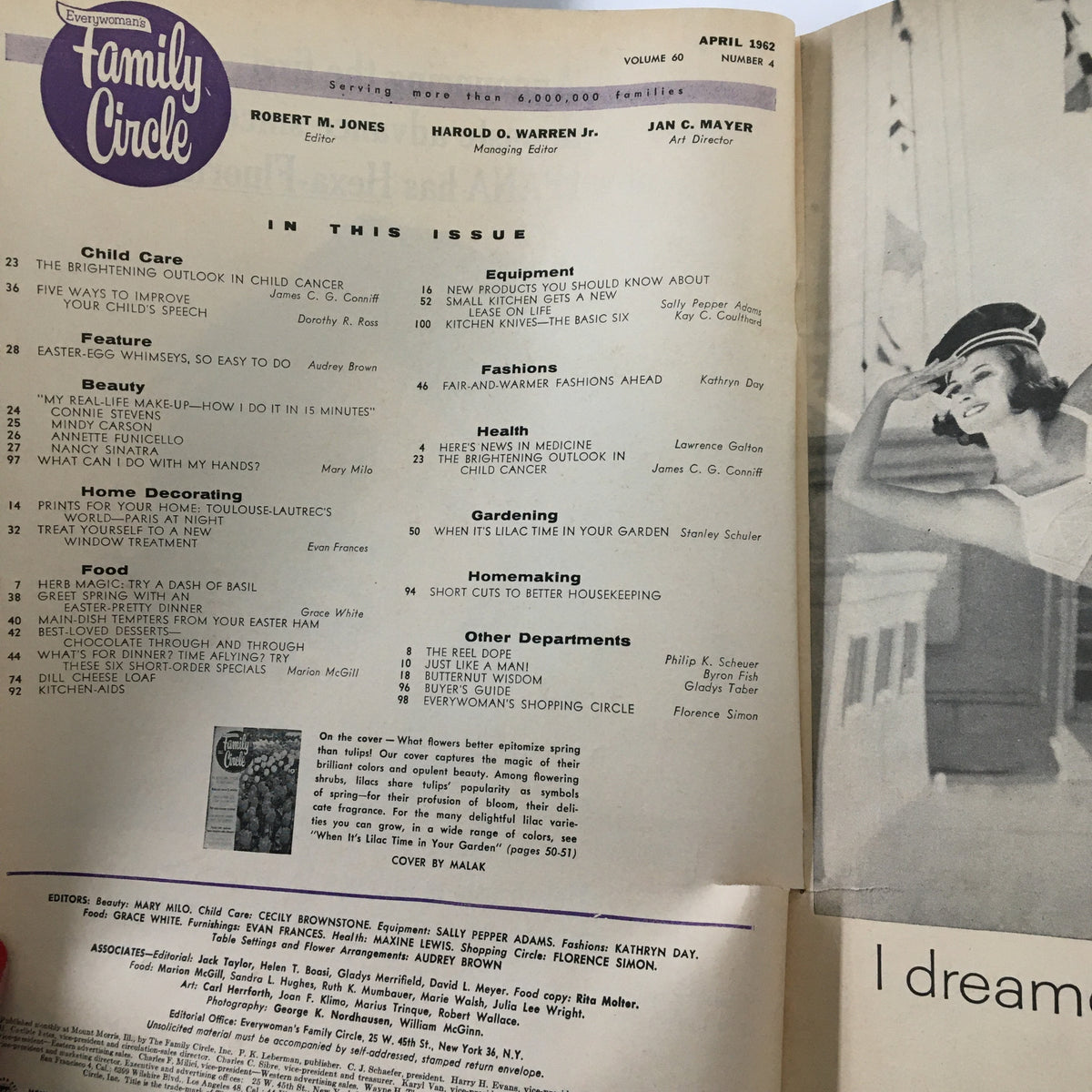 Inside pages of Vintage Family Circle Magazine April 1962 displaying articles and contents related to beauty, child care, and home decorating.