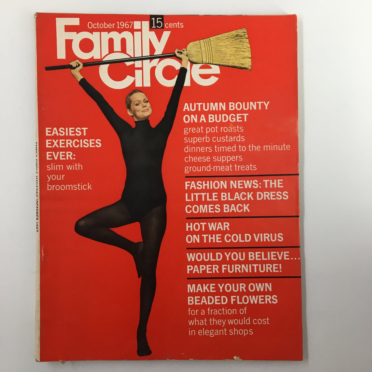 Family Circle Magazine October 1967 cover featuring a woman in a black outfit showcasing 'Easiest Exercises Ever: slim with your broomstick' alongside other features like autumn recipes and fashion news.