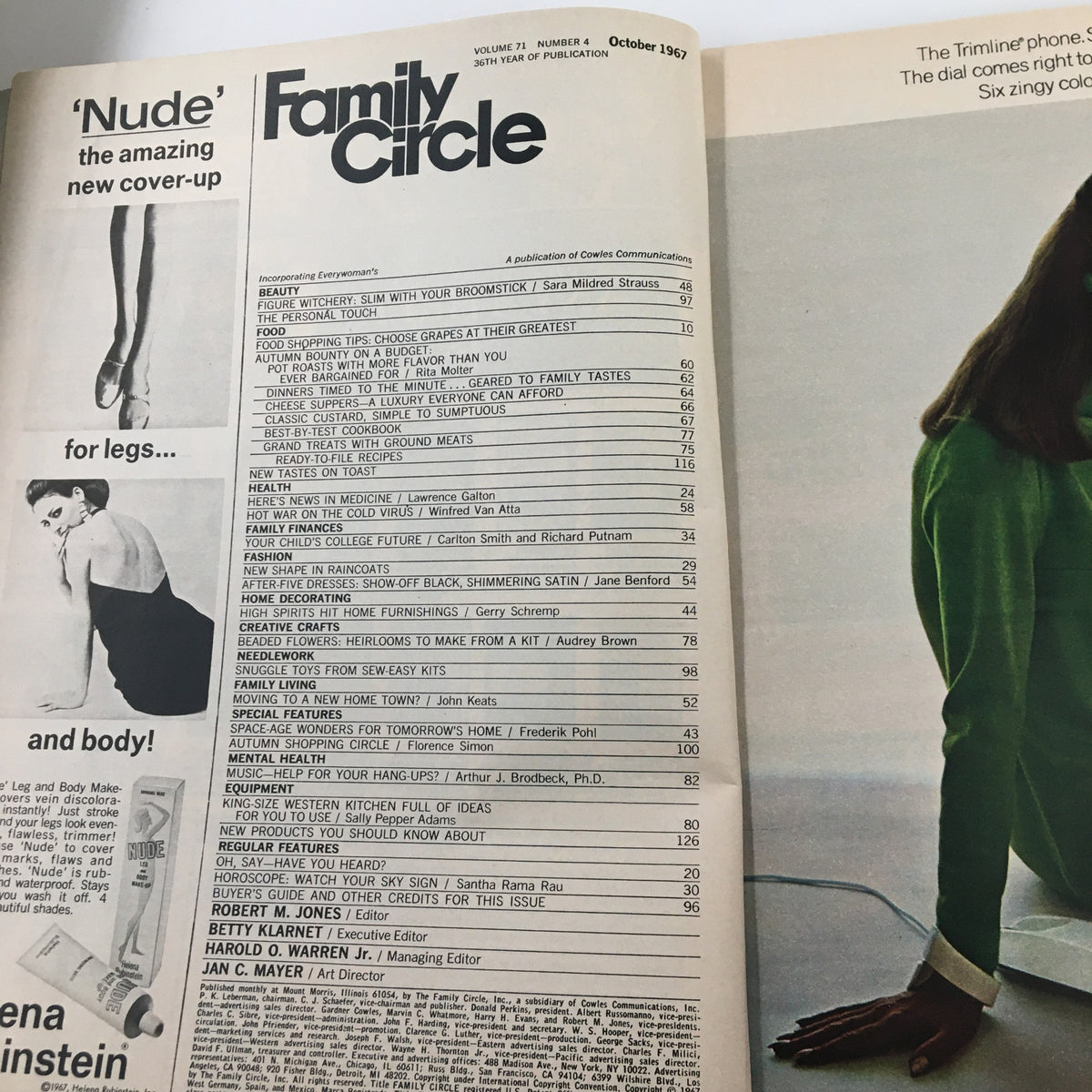 Table of contents page from Family Circle Magazine October 1967 detailing articles and features including beauty tips, food shopping, and fashion highlights.