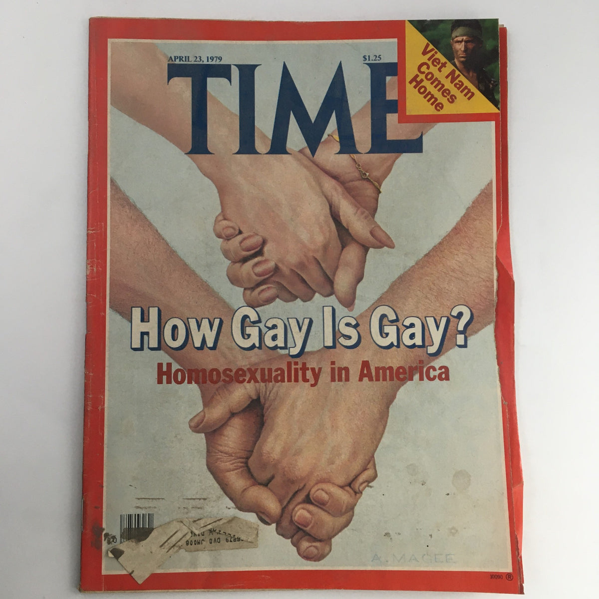 Time Magazine cover from April 23, 1979, featuring the title 'How Gay Is Gay? Homosexuality in America' with hands holding together, reflecting LGBTQ+ themes.