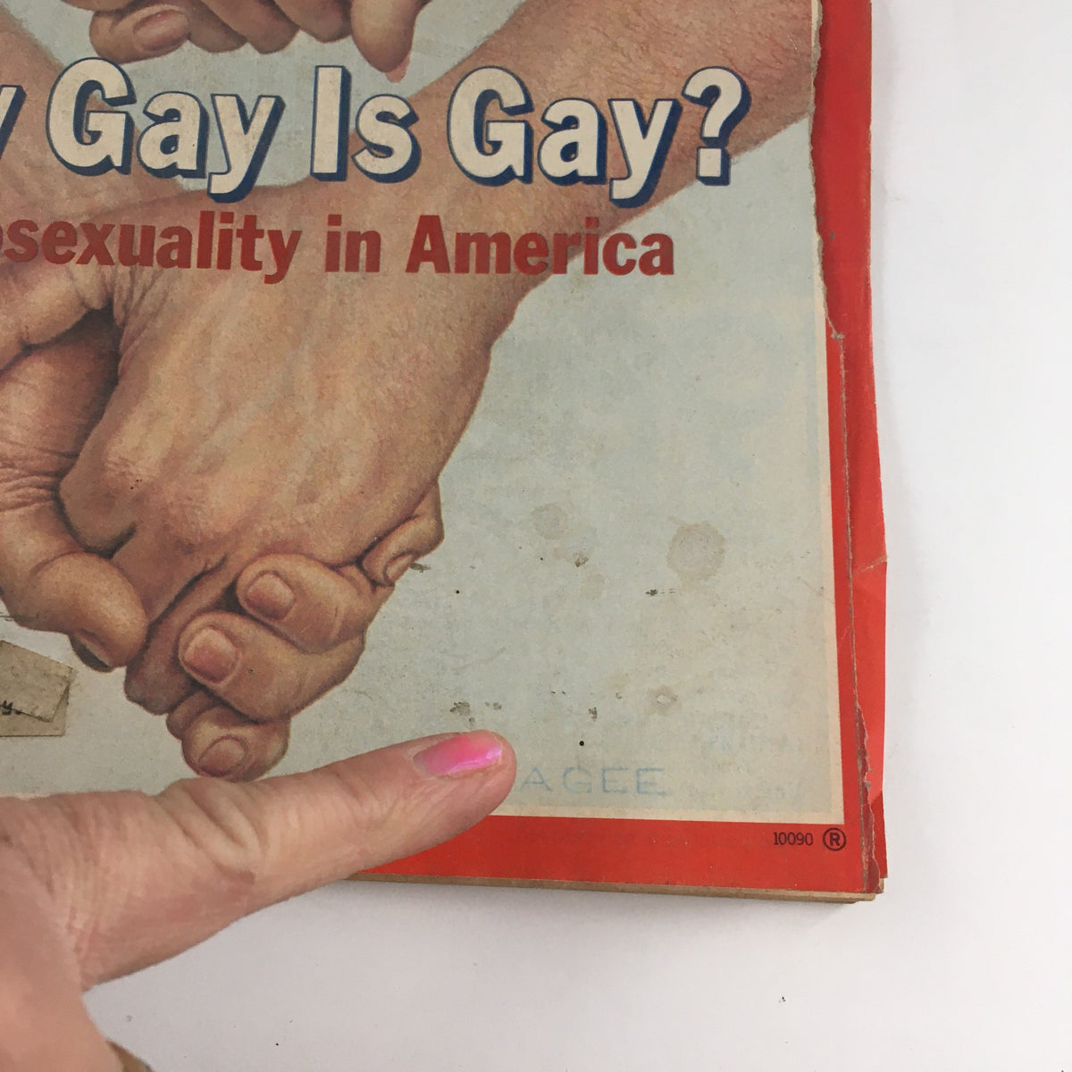 Detail view of Time Magazine cover from April 23, 1979, showing fingers pointing at the title 'How Gay Is Gay? Homosexuality in America' and the artist's signature.