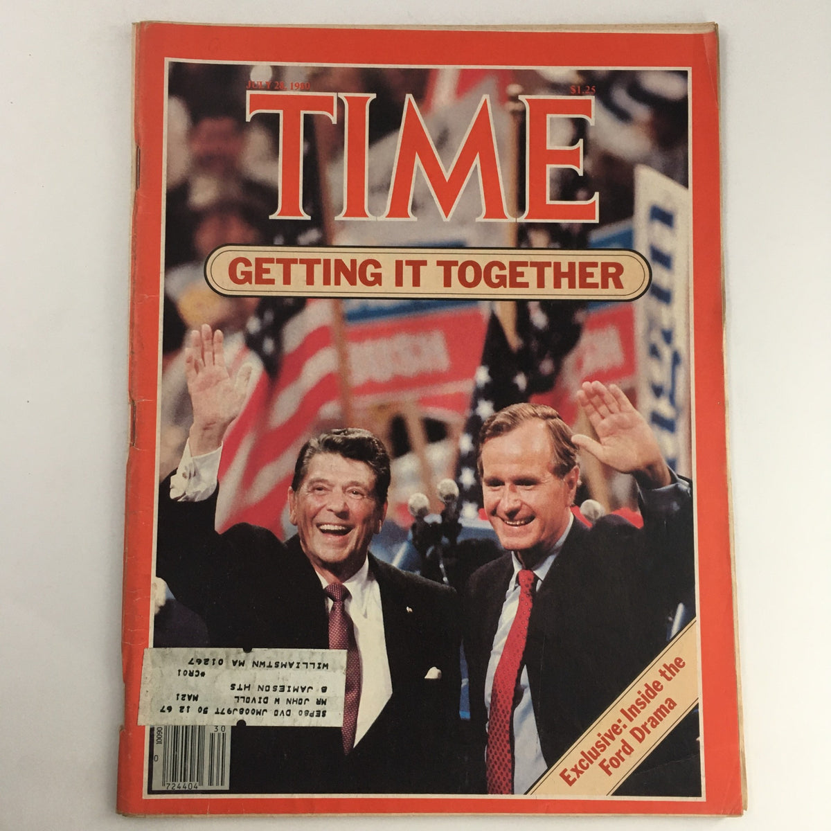 Time Magazine July 28 1980 cover featuring Ronald Reagan and George H.W. Bush celebrating, with the headline 'Getting It Together', highlighting the political scene and events of the era.