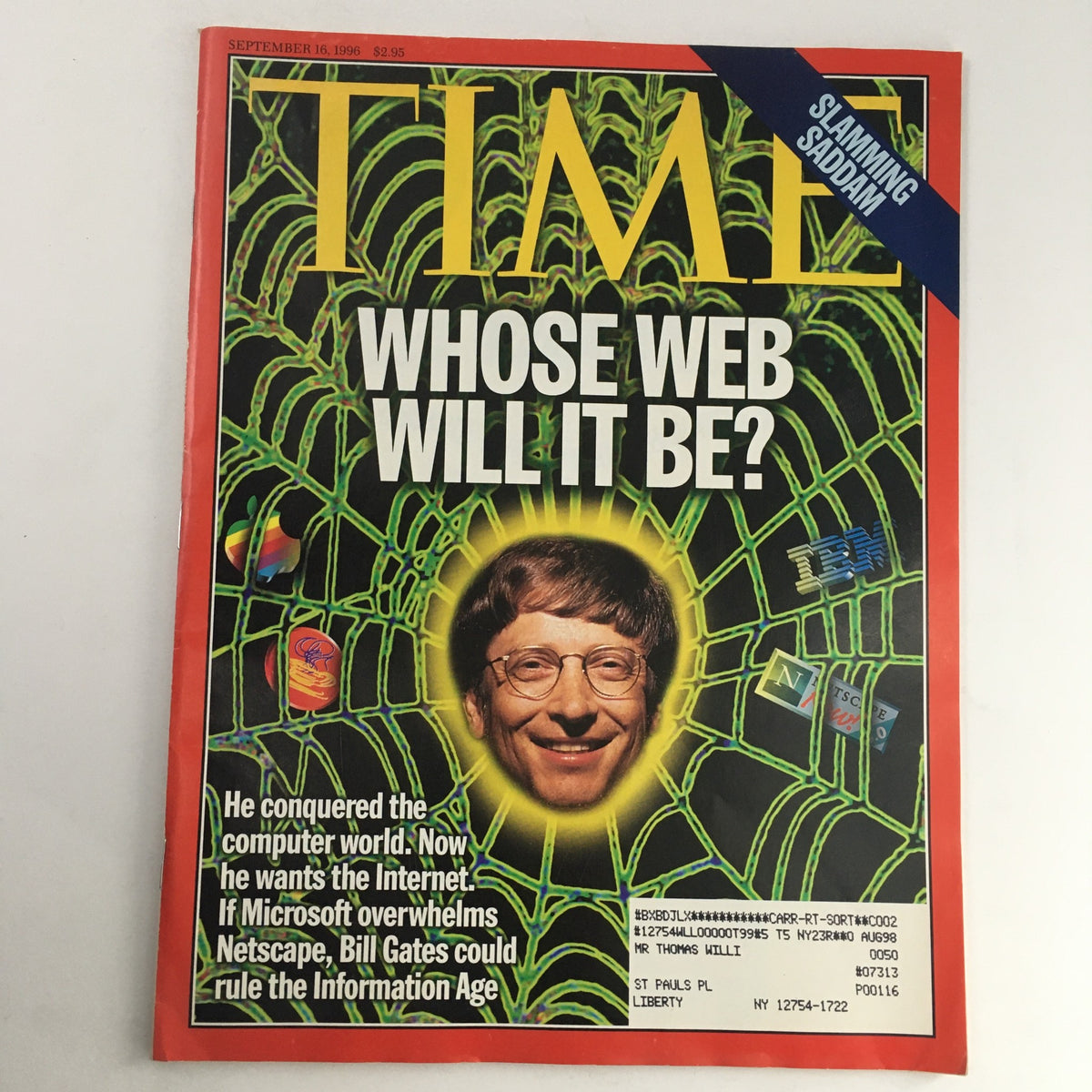 Time Magazine cover from September 16, 1996 featuring Bill Gates with the headline 'Whose Web Will It Be?' discussing his influence in the Information Age.