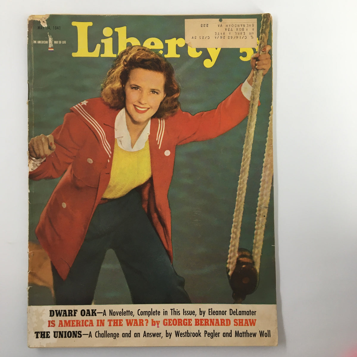 Cover of VTG Liberty Magazine dated May 24, 1941 featuring a smiling woman in a red jacket and yellow sweater, with the title "The Unions: A Challenge and An Answer."