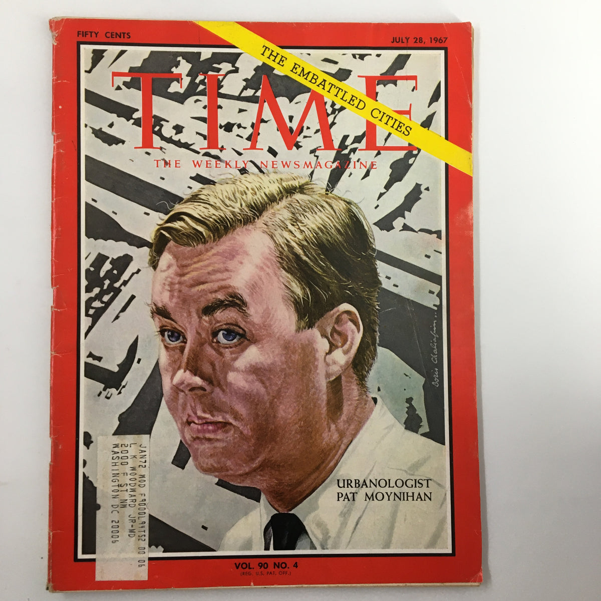 Vintage Time Magazine cover from July 28, 1967, featuring Pat Moynihan, known as 'The Urbanologist', highlighting urban issues. Issue Volume 90 No. 4, with a striking illustration and the label 'The Embattled Cities'.