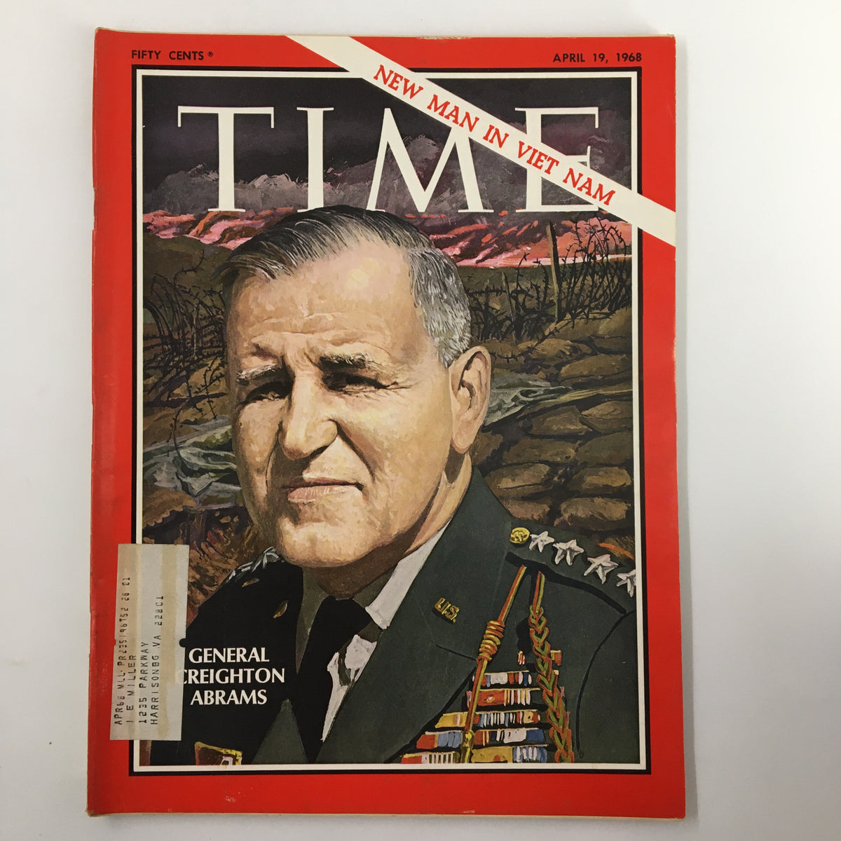 Vintage Time Magazine dated April 19, 1968, Volume 91, No. 16 featuring General Creighton Abrams on the cover with the title 'NEW MAN IN VIET NAM', showcasing a portrait of Abrams in military attire against a background depicting a Vietnamese landscape.