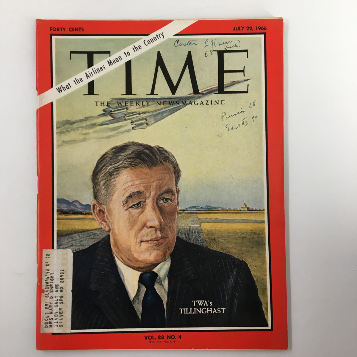 Cover of the vintage Time Magazine from July 22, 1966, featuring Charles C. Tillinghast Jr. and the headline 'What the Airlines Mean to the Country'. The magazine highlights TWA's significance in the airline industry.